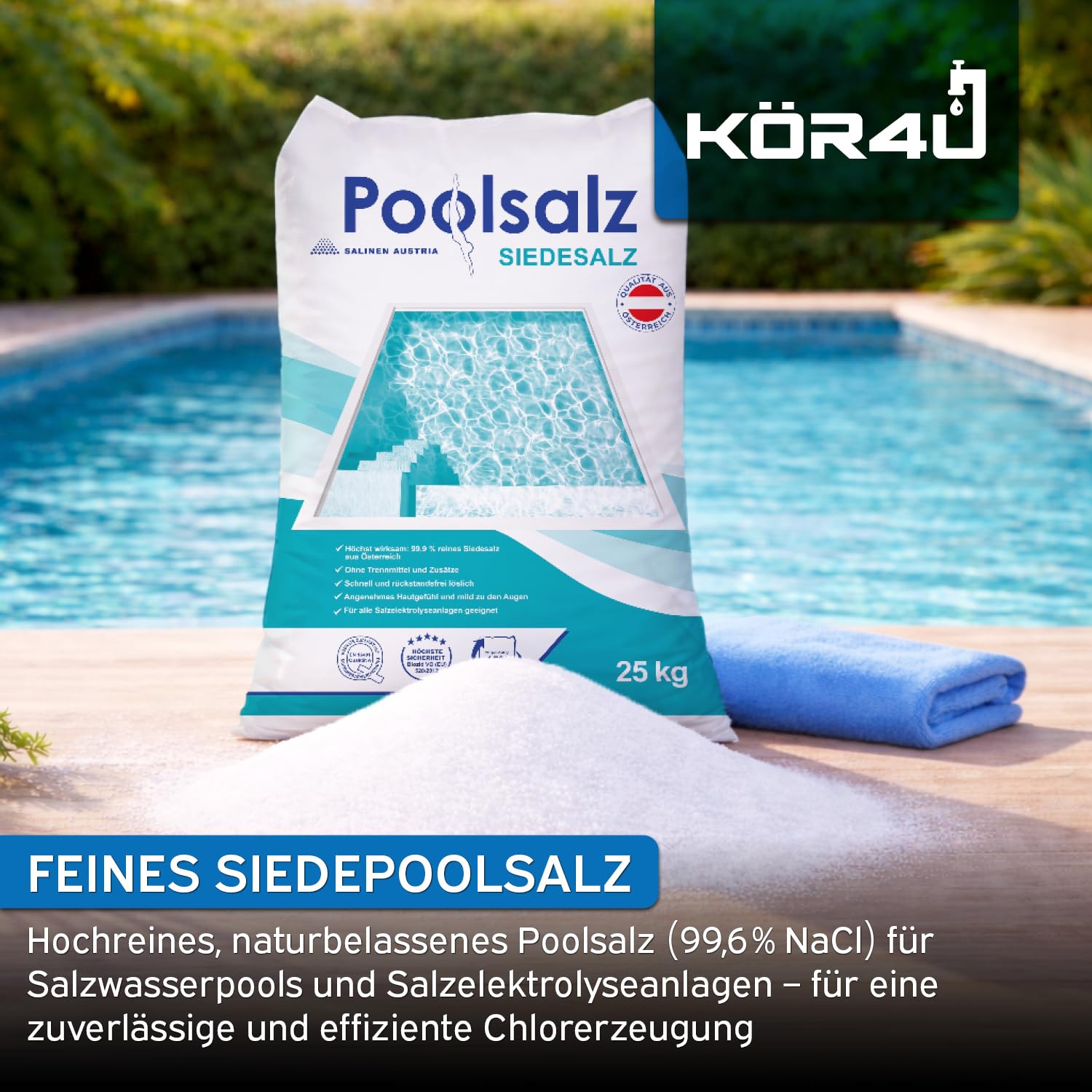 Salinen Poolsalz 25 kg 92936, Hochreines Siedesalz für Salzwasserpool und Salzelektrolyseanlage, schnell löslich und rückstandsfrei, inklusive kör4u Mikrofasertuch