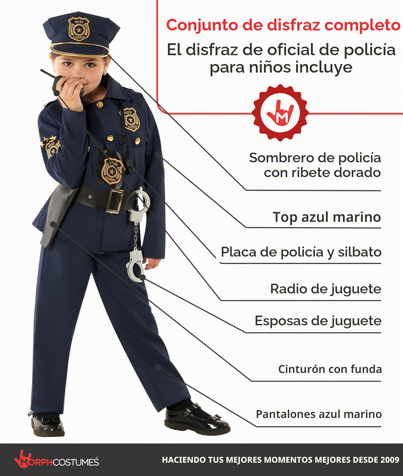 Morph Disfraz Policia Niña, Disfraz de Agente Halloween Niña | Camisa, Pantalón, Gorro & Accesorios de Juguete, Estilo Policía, Perfecto para Halloween, Ideal para Juegos de Rol