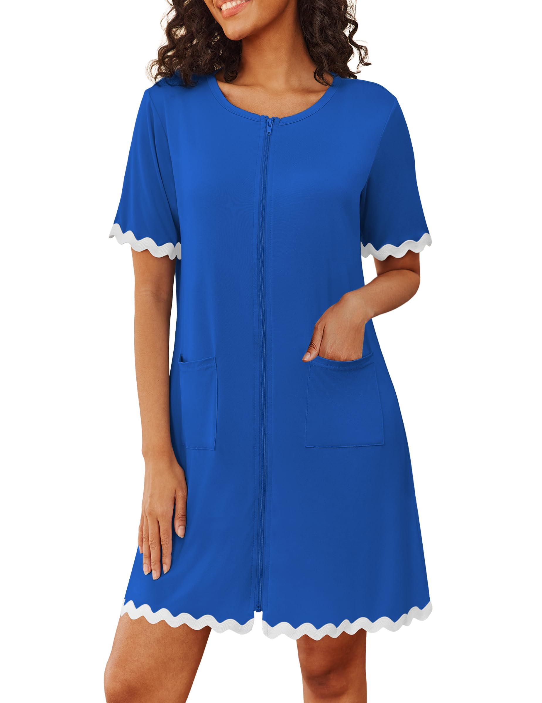 Ekouaer Women Zip Up Robe Lightweight Housecoats with Pockets Knee Length Short Bathrobes Soft Nightgown S-3XL