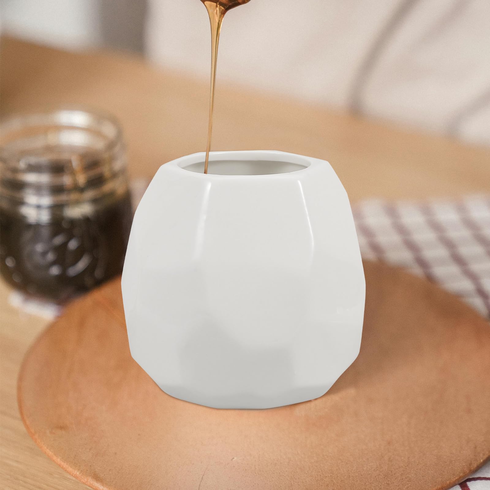 de Fácil de Madera Almacenamiento para Dispensación en Cucharón y Tarro Miel de Cerámica Blanco de 200ml con Tapa Cocina