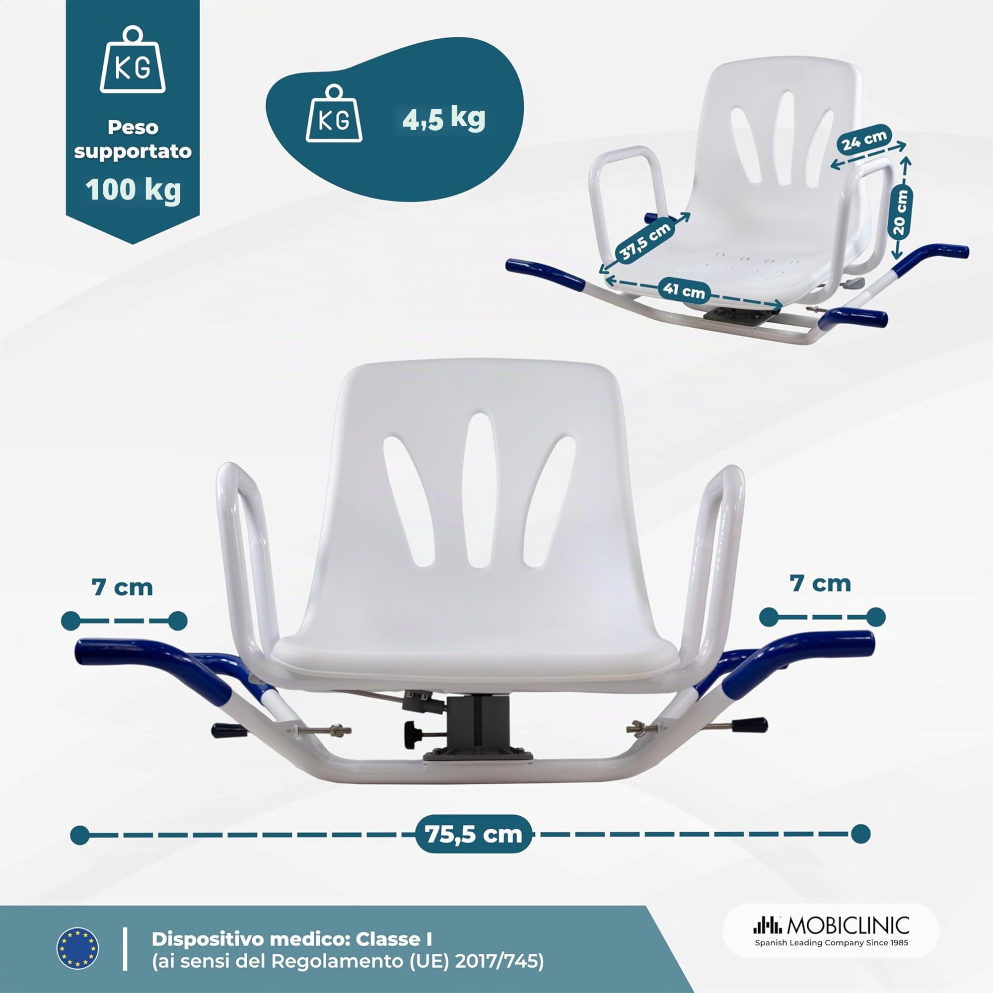 Mobiclinic, Sedia girevole 360º per Vasca da Bagno Anziani, Braccioli, Schienale, Sedile, Rotazione di 360º, Anatomica, Marca europea, Resistente all'acqua, Disabili, Lago