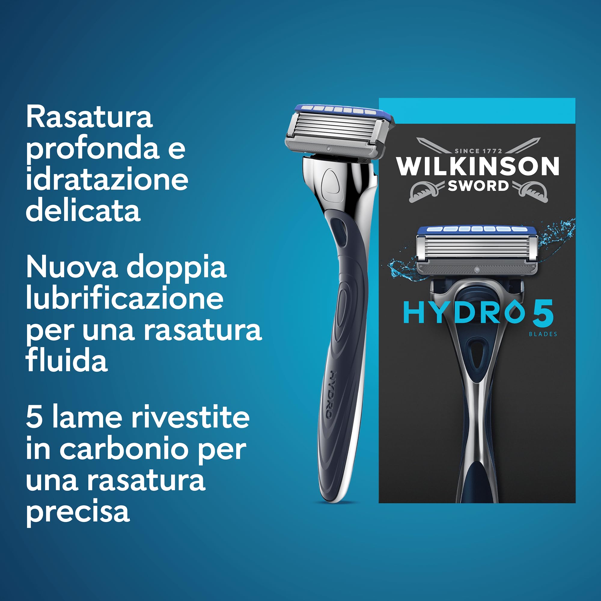 Wilkinson Sword Hydro 5, rasoio da uomo ad azione idratante con lame rivestite in carbonio, manico + 1 ricarica