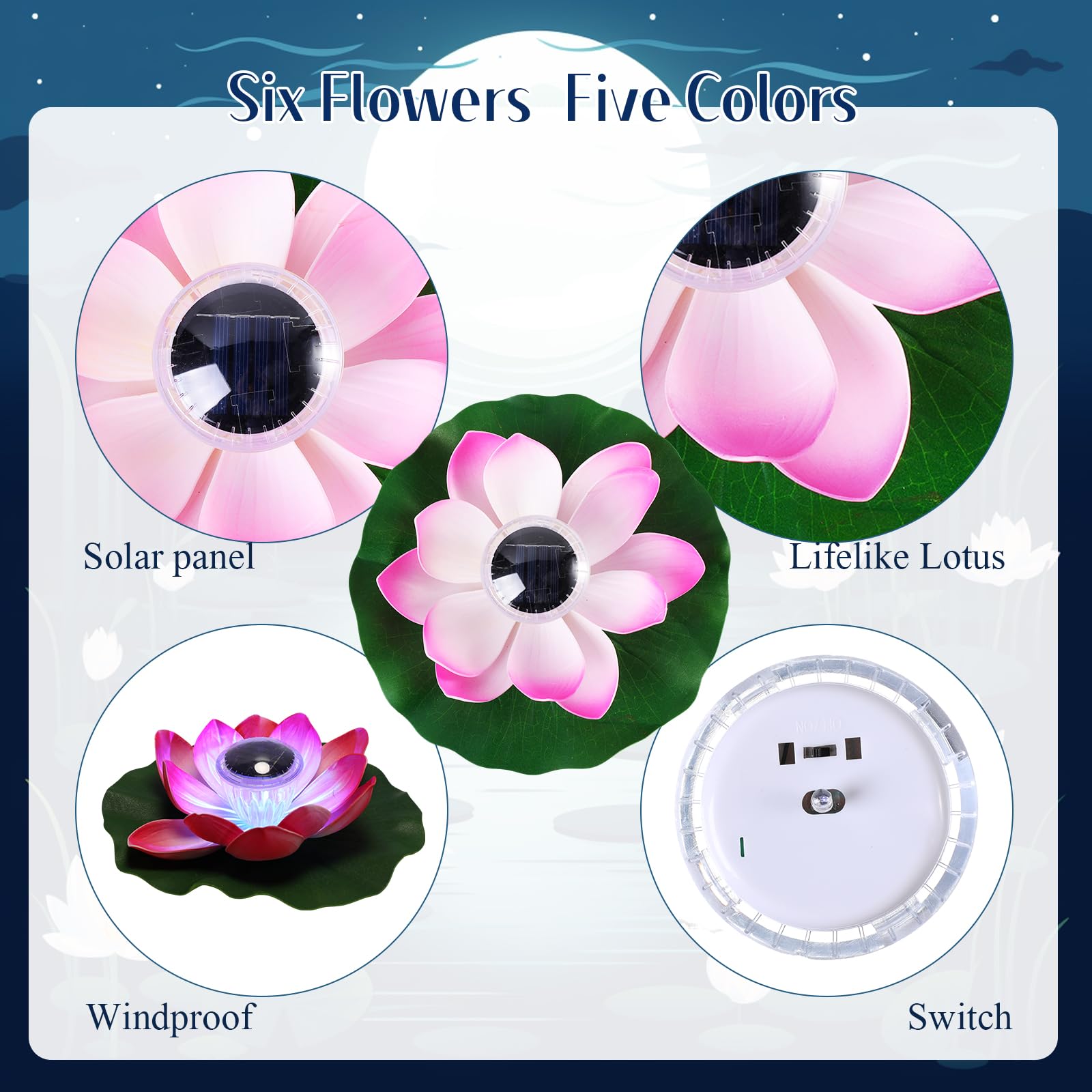 VIHOSE 16 luces solares de loto para estanque, impermeables, luces flotantes de loto solar con almohadillas de lirio, luces nocturnas flotantes para piscina, estanque, patio, jardín, piscina,