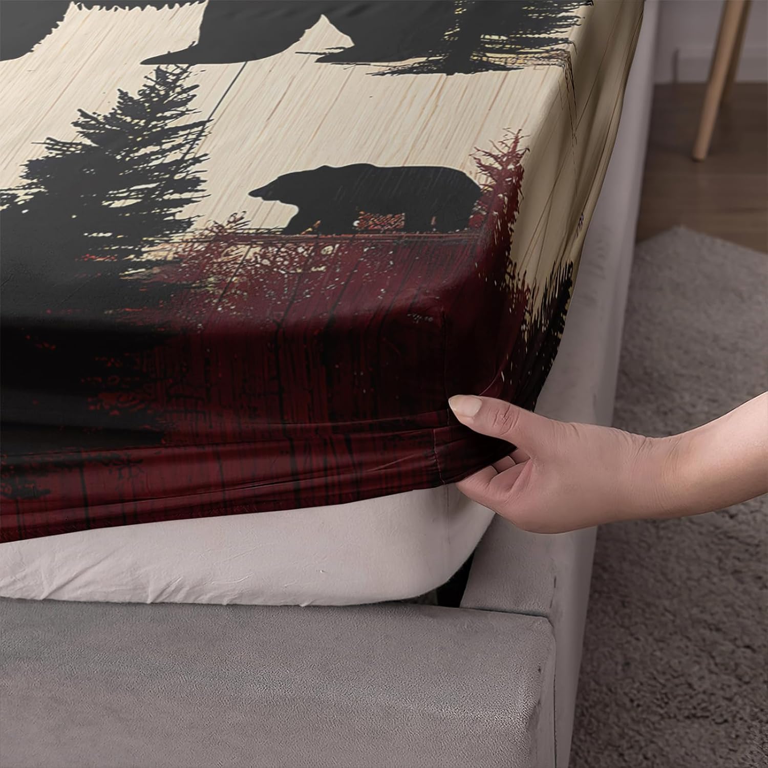 AILONEN Black Bear Bedding Sets Queen Size,Wildlife Forest Rustic Bed Sheets Set for Girls Boys Kids,Hunting Theme Fitted Sheet Set,3-Piece,1 Deep Pocket + 2 Pillowcase,Soft Microfiber