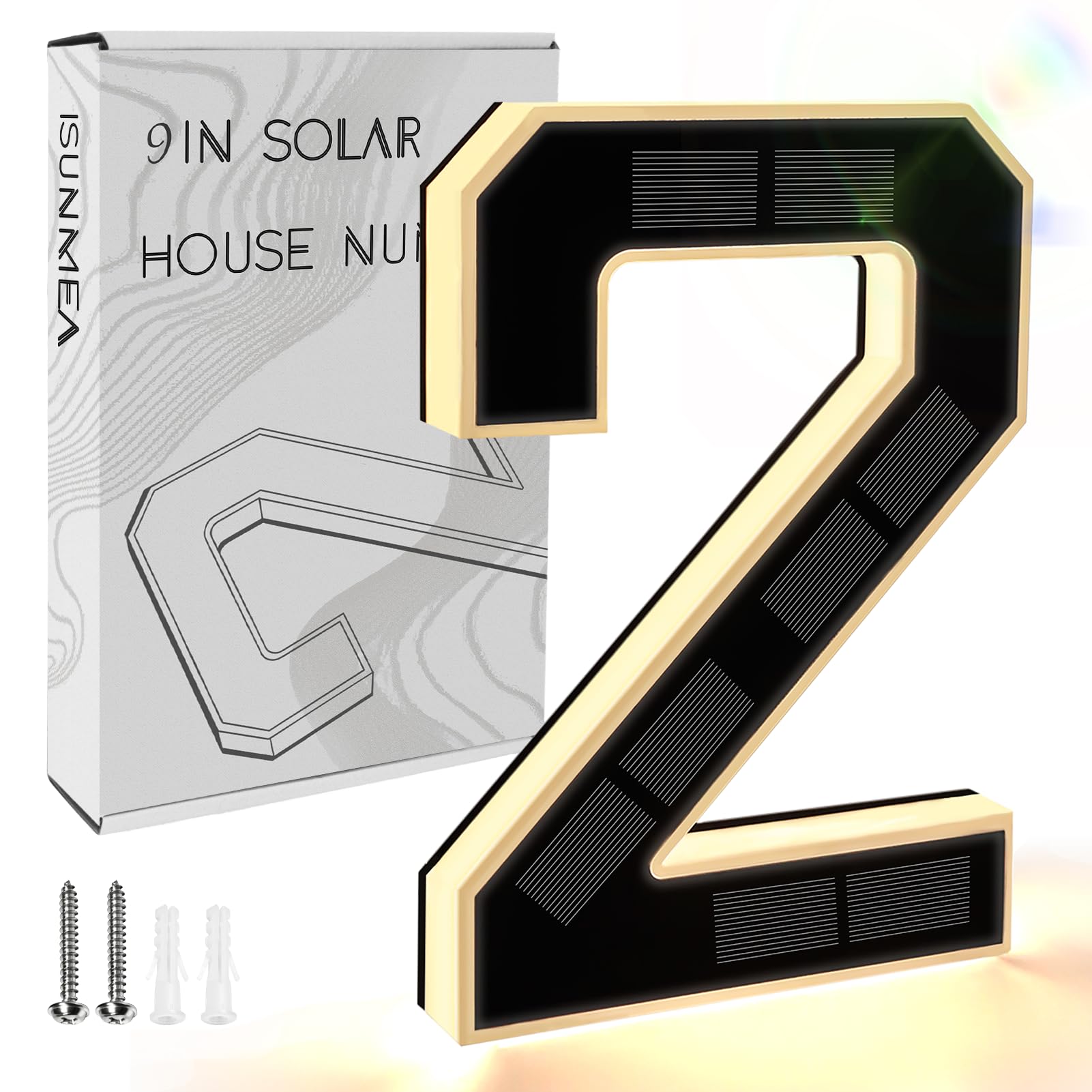 Photo 1 of ISUNMEA 9 Inch Solar Lighted House Numbers for Outside, Light Up Waterproof LED Address Numbers Signs for Houses, Large Personalized Illuminated Exterior Modern House Numbers Light (2-Black, 9IN)