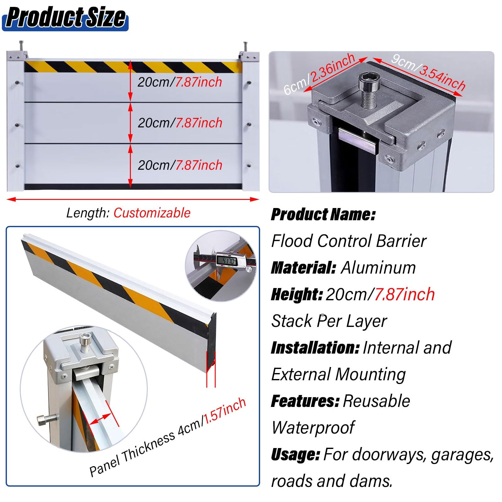 Barrera de emergencia contra inundaciones, aleación de aluminio reflectante, temporal, para entrada de vehículos, garaje, patio, umbral de puerta, cuarto húmedo, exterior, tamaño H 100cm (39,4in)