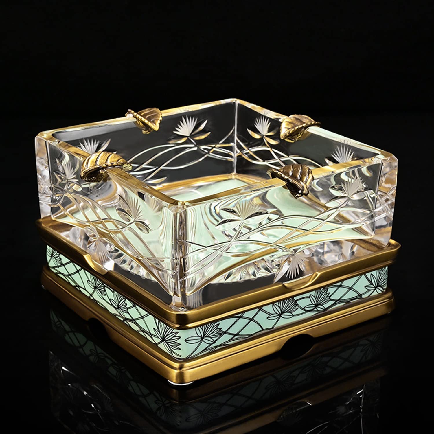 AnRui Glas-Aschenbecher Quadratisch – 9,4x9,4x4 Cm, Schwarz/grau, Mit Zigarettenhalter – Für Innen & Außen