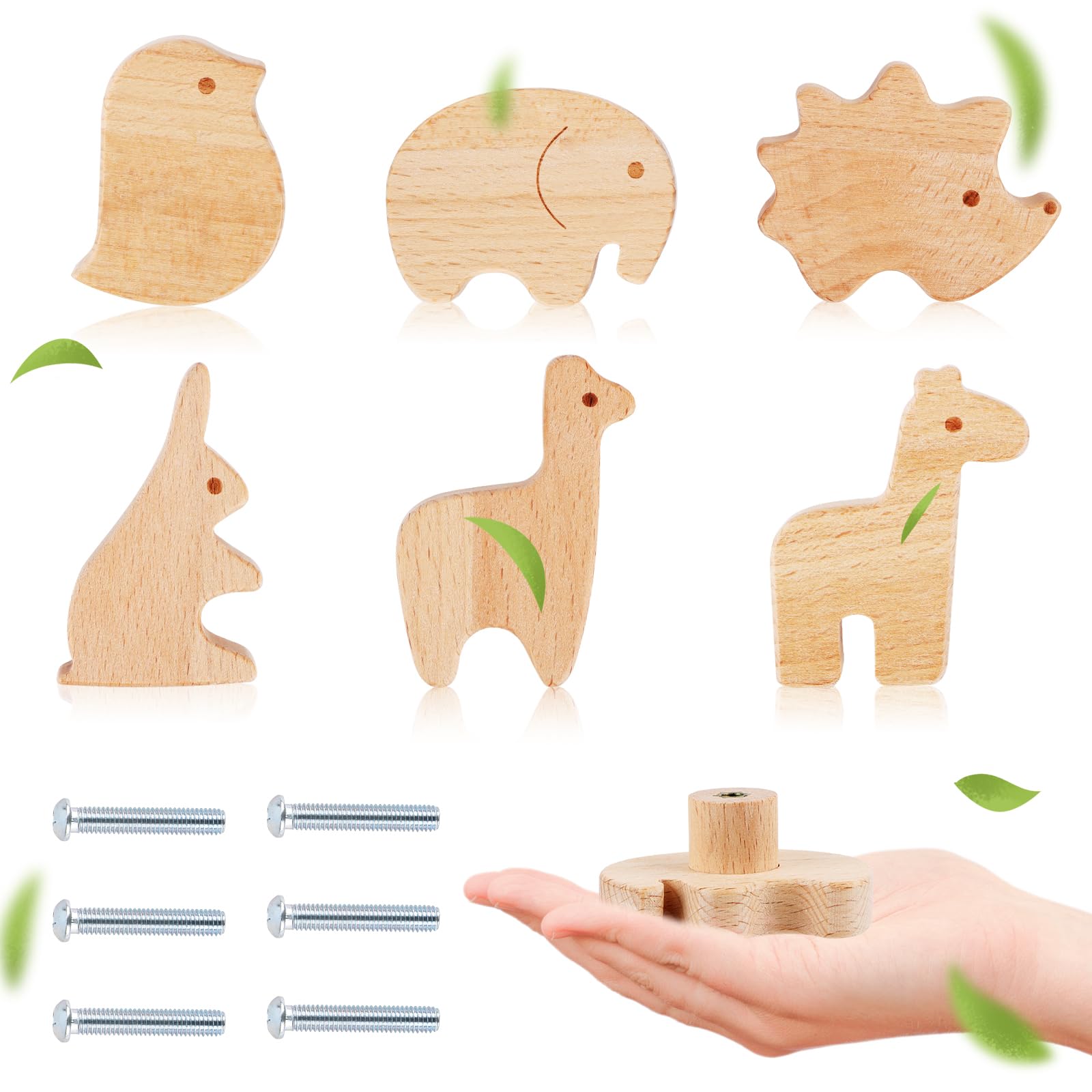 Pomelli per armadio in legno per cameretta dei bambini, pomelli rotondi con viti, pomelli per mobili per cassetti, armadi, comò (uccello D + elefante)