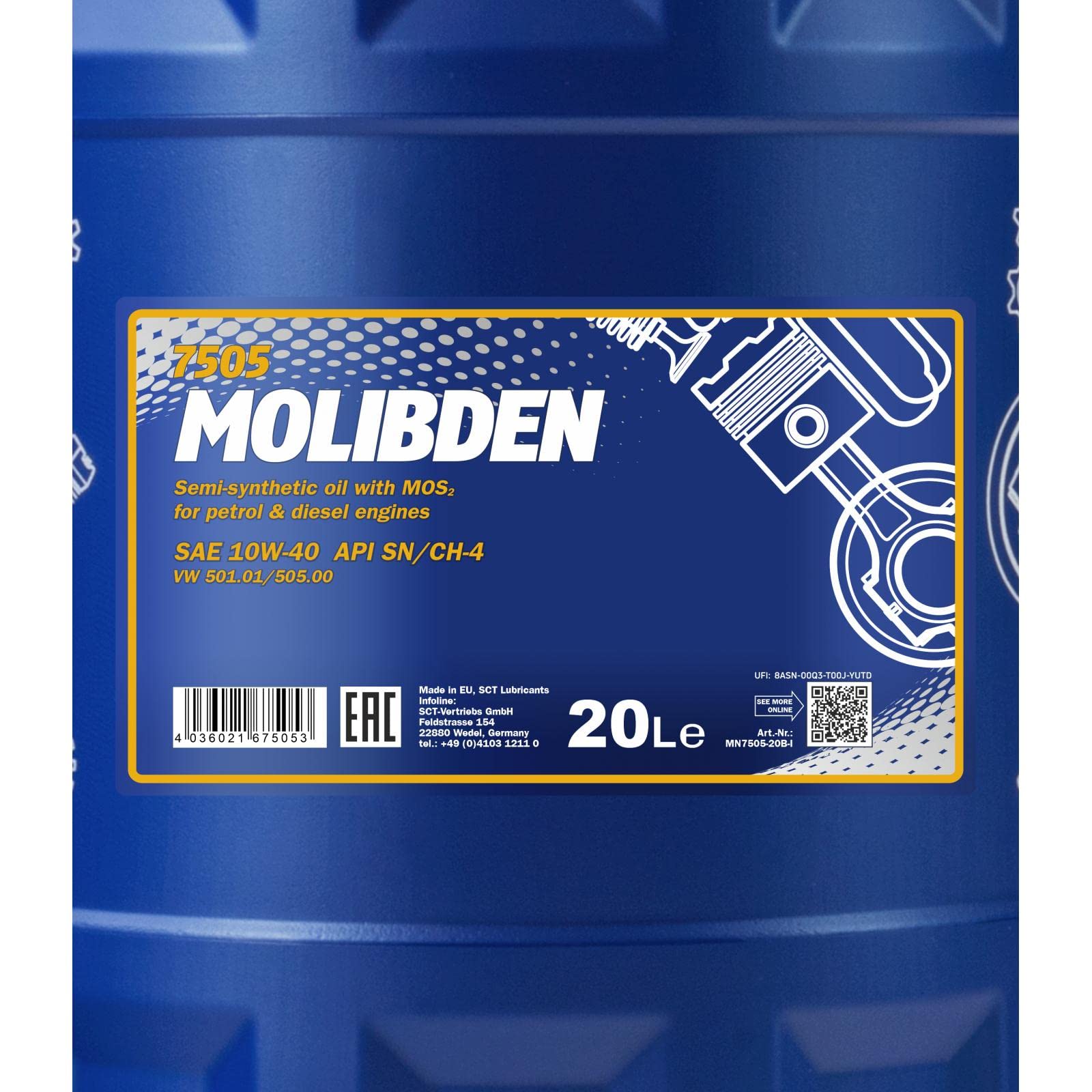MANNOL Aceite de motor 10W-40 MOLIBDEN aceite parcialmente sintético API SN API CH-4 20L Compatible con TOYOTA AYGO WNB1, KGB1, SKODA Fabia II Combi 545, SUZUKI SWIFT III MZ, EZ | Aceite de motor MN7505-20