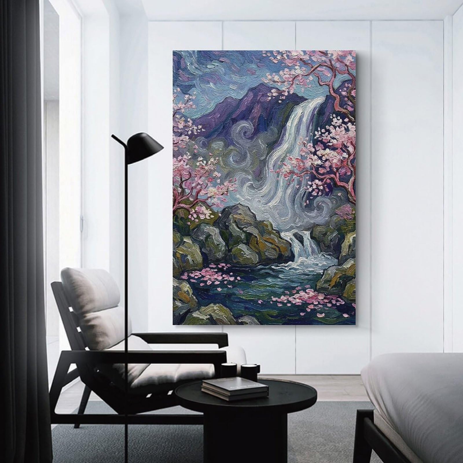 Junmoney Waterfall with Cherry Blossoms Room Decor Wall Art, 20x30inch(50x75cm), for Office, Study Or Home Workspace, Decorative Artwork for Productive Spaces