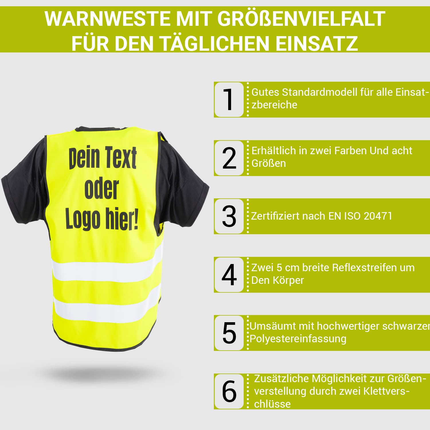 Warnwesten bedrucken lassen mit Ihrem Logo oder Text. Druck mit Hochwertiger Flex Folie, oder in Weiß Kein verwaschen vom Aufdruck möglich. In den Farben Orange und Gelb