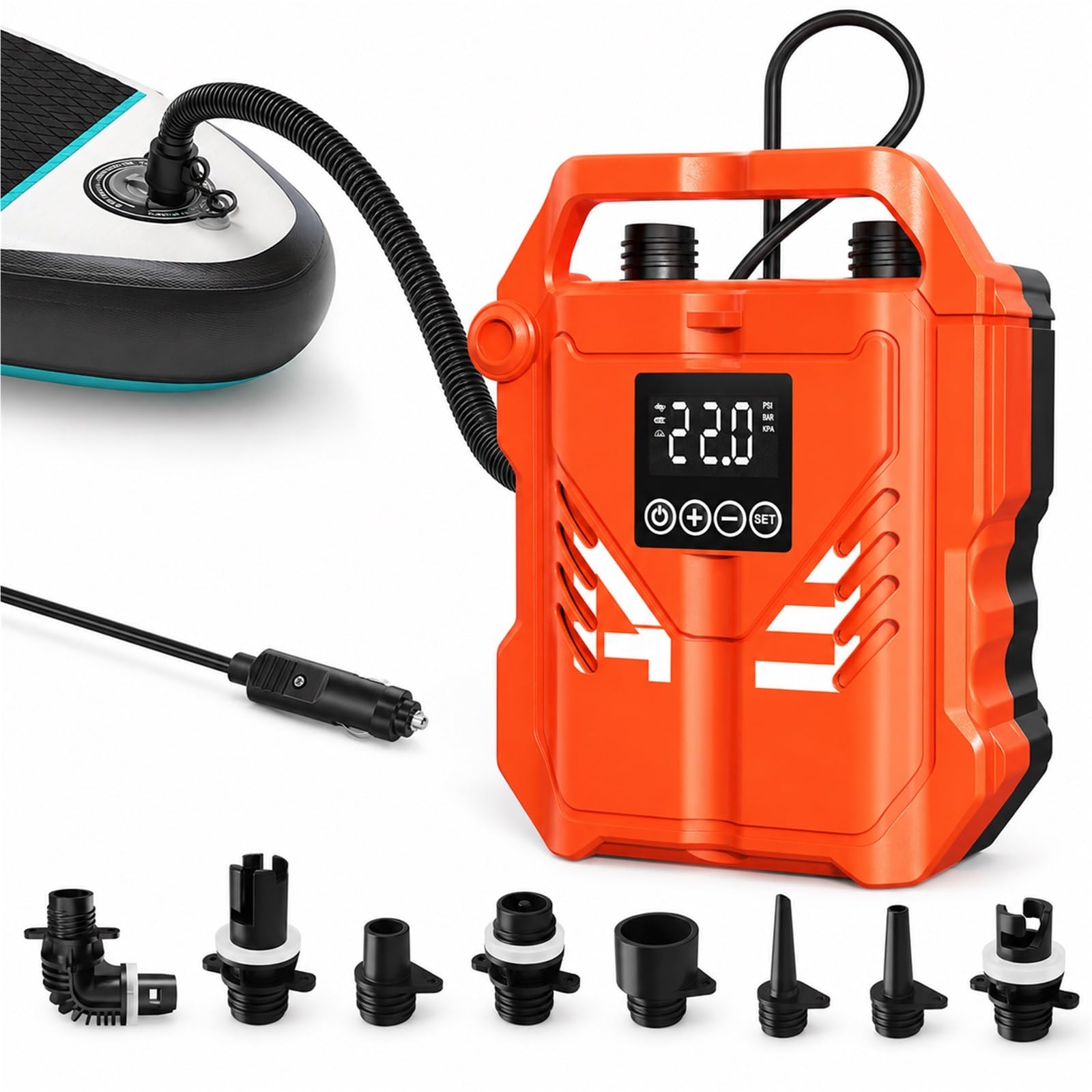 Pompka elektryczna do deski SUP 22PSI 12V LCD dwustopniowa AP-883L | Zasilanie 12V, 8 wymiennych dysz, do desek SUP i pontonów, ekran LCD, automatyczne wyłączanie