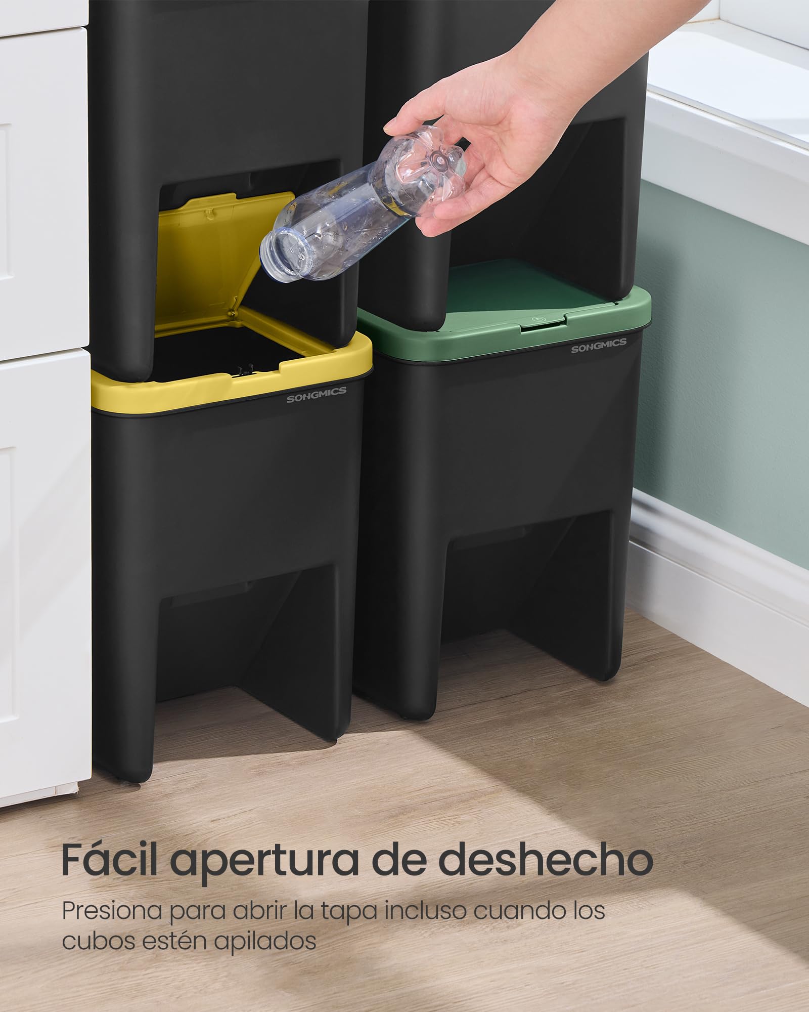 SONGMICS Cubo de Basura, Juego de 4 Cubos Apilables, Papeleras, 20 L Cada, Sistema de Separación Residuos, Tapas Apertura a Presión, Pegatinas, Almacenaje, Amarillo, Azul, Marrón y Verde LTB760BZ01