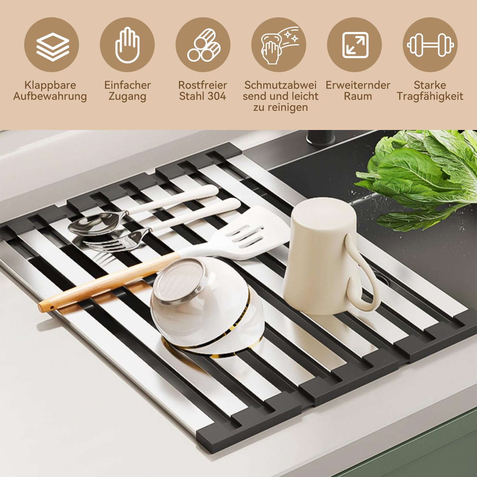 Scolapiatti in acciaio inox per la cucina sopra il lavello, scolapiatti arrotolabili, scolapiatti pieghevole, scolapiatti multiuso (50 x 32,5 cm)