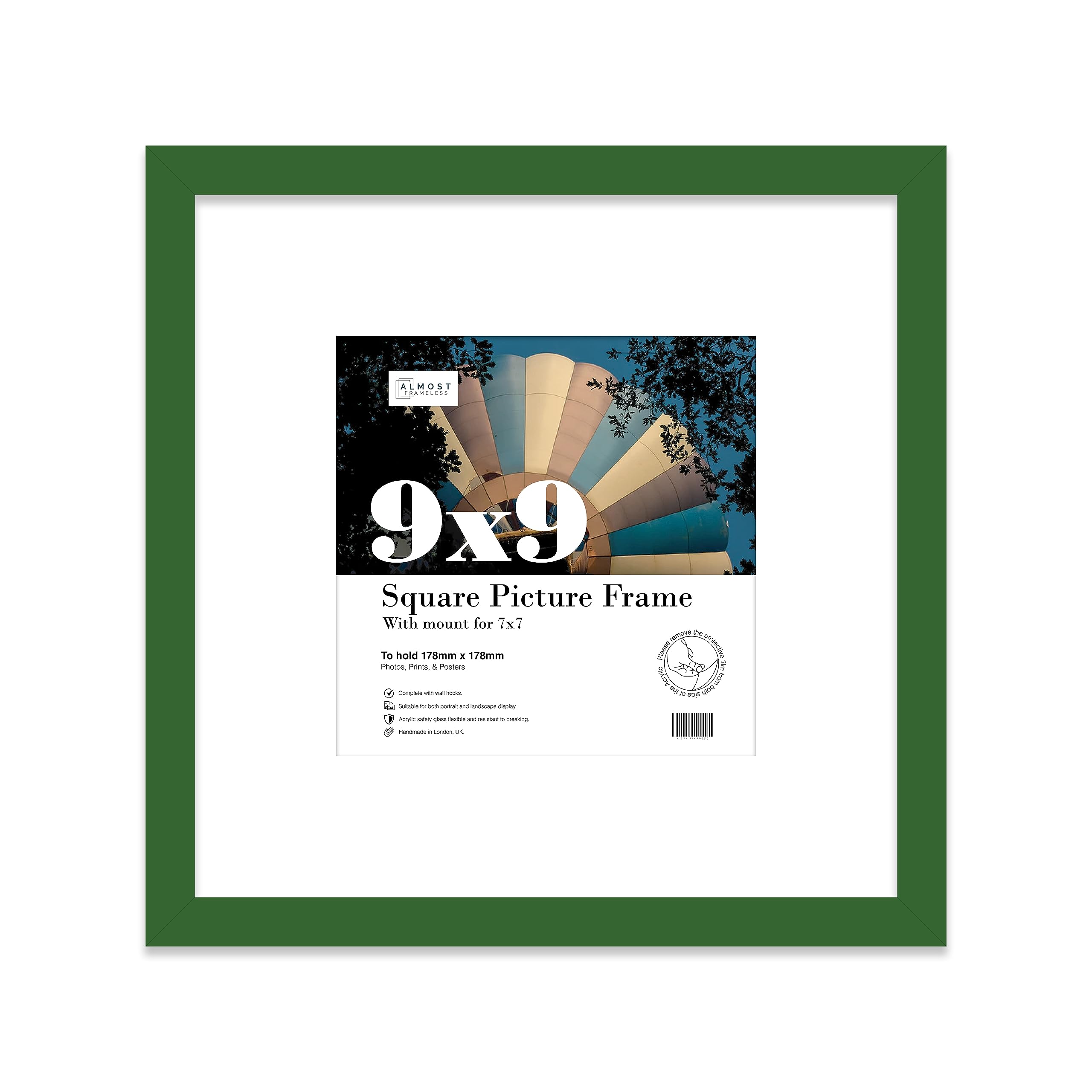 9x9 Green Picture Frame with Mount for 7x7 Photos, Prints - Modern Square Wall Frame, 1 Pack