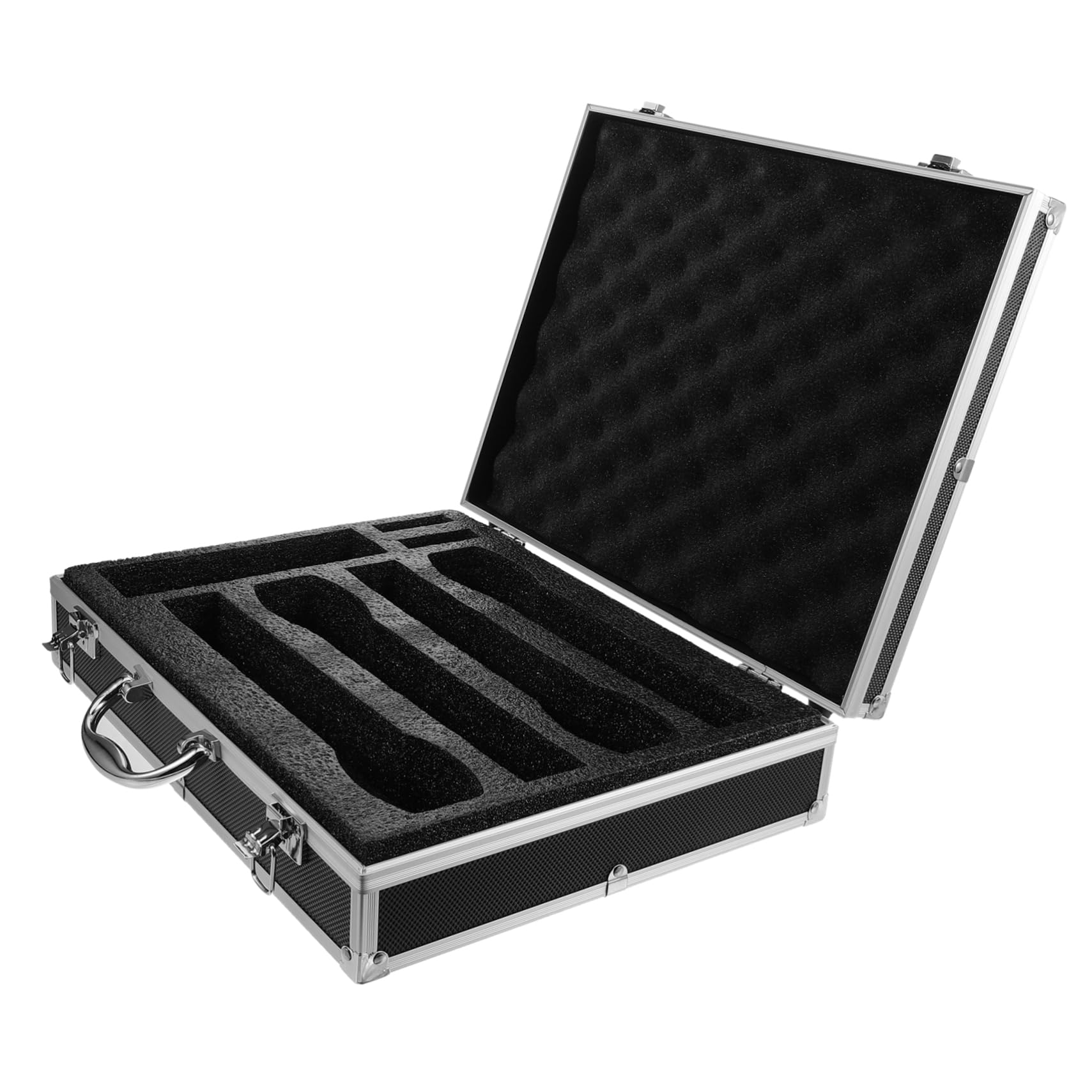 Estuche Rígido de Aluminio para Micrófono Inalámbrico Portátil, 4 Piezas | Asa de Transporte, Apertura Fácil, Huecos para Cables, Anillas Silicona, Fundas Esponja, Viaje