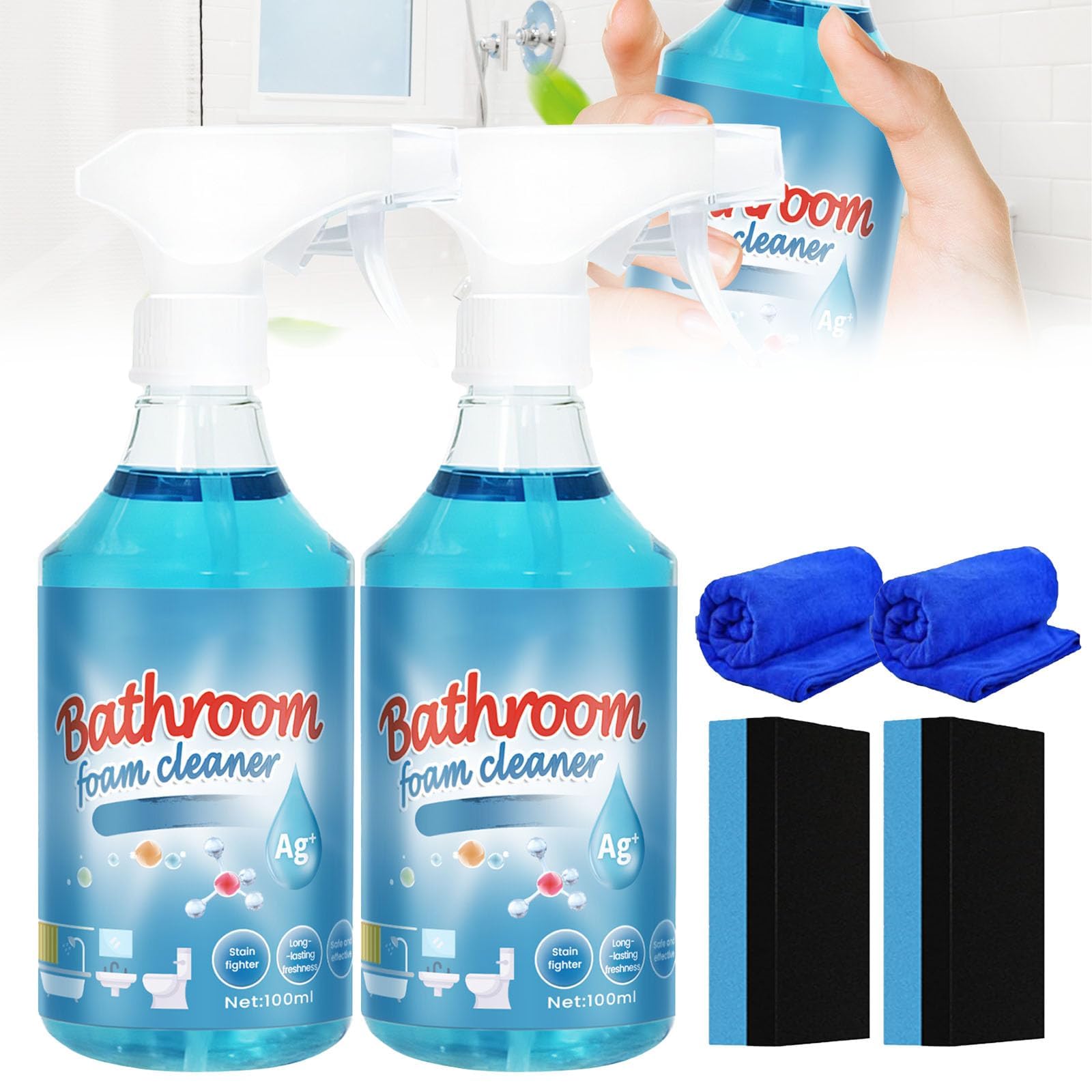 Bathroom Spray Cleaner, 100ml + 100ml Power Bathroom Foam Cleaner, Multi Function Rinse Free Cleaning Spray, Quick Cleaning for Urinals, Sinks, Floors, Glass, Mirrors, Bathtubs