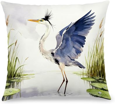 Blue Heron Pillow Covers 18x18, Gifts for Bird Lovers, Wetland Wildlife Nature Decorative Throw Pillow Covers for Home Bedroom Living Room