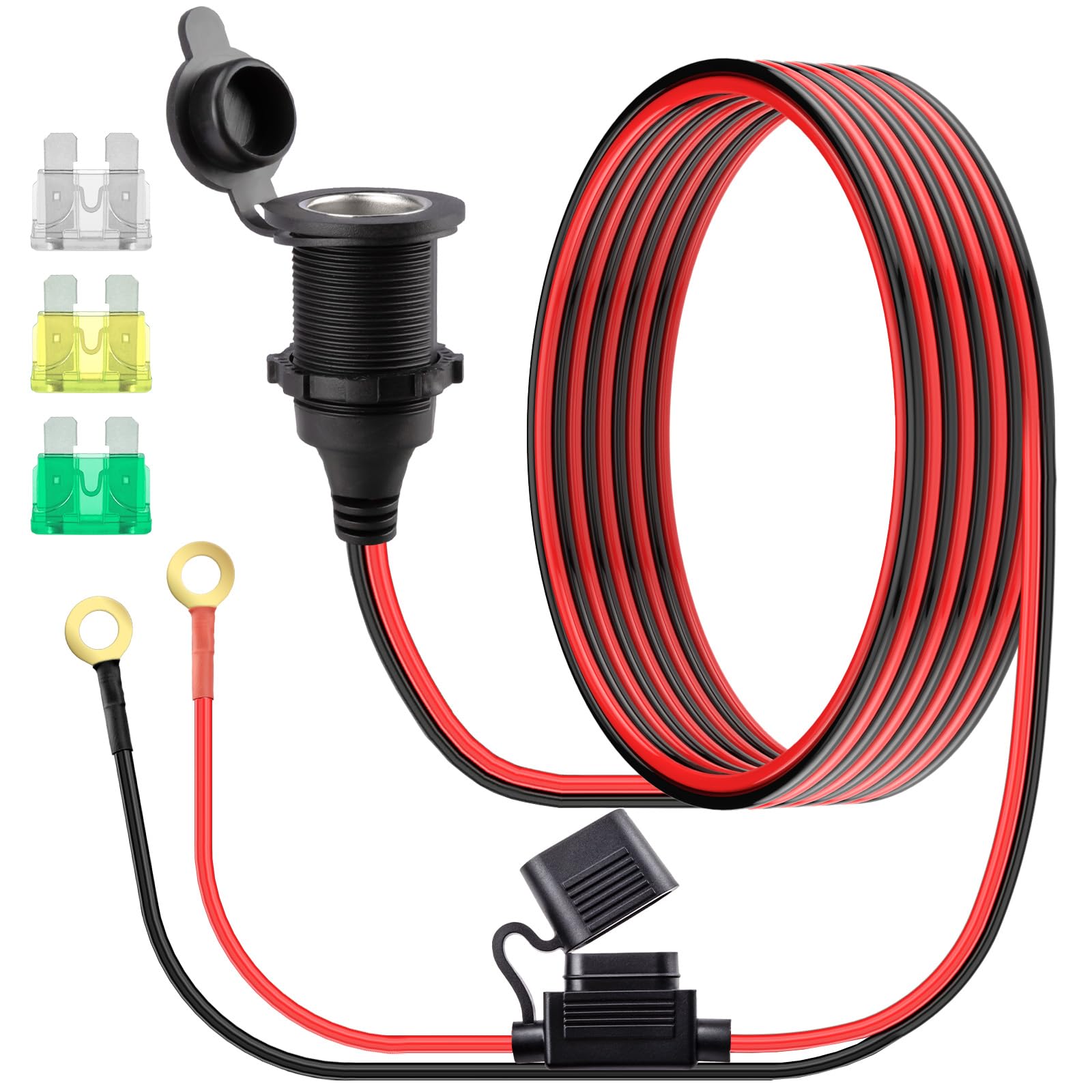 10 FT 12V Fixed Thread Power Outlet 12V Female Cigarette Lighter Socket 12 AWG 12 Volt Power Supply