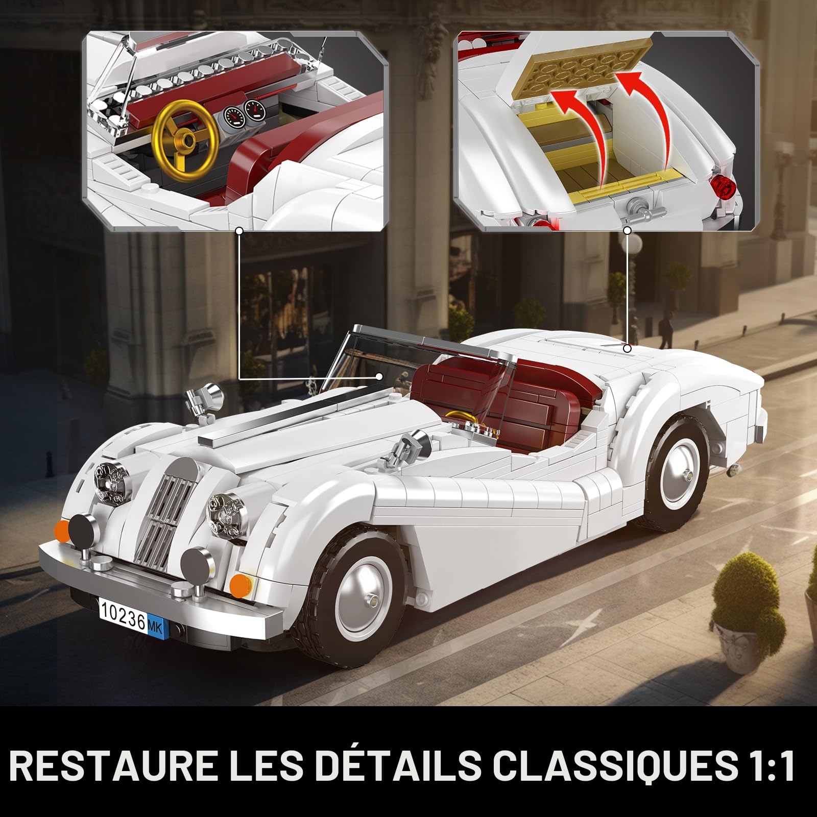 Mould King 10236 MOC Technique Vintage Cabriolet Sportwagen Modèle Pièces de Serrage Ensemble, MOC Vieille Voiture Modèle Pièces de Serrage Ensemble für Jugendliche/Adulten Collector (1302+ pièces)