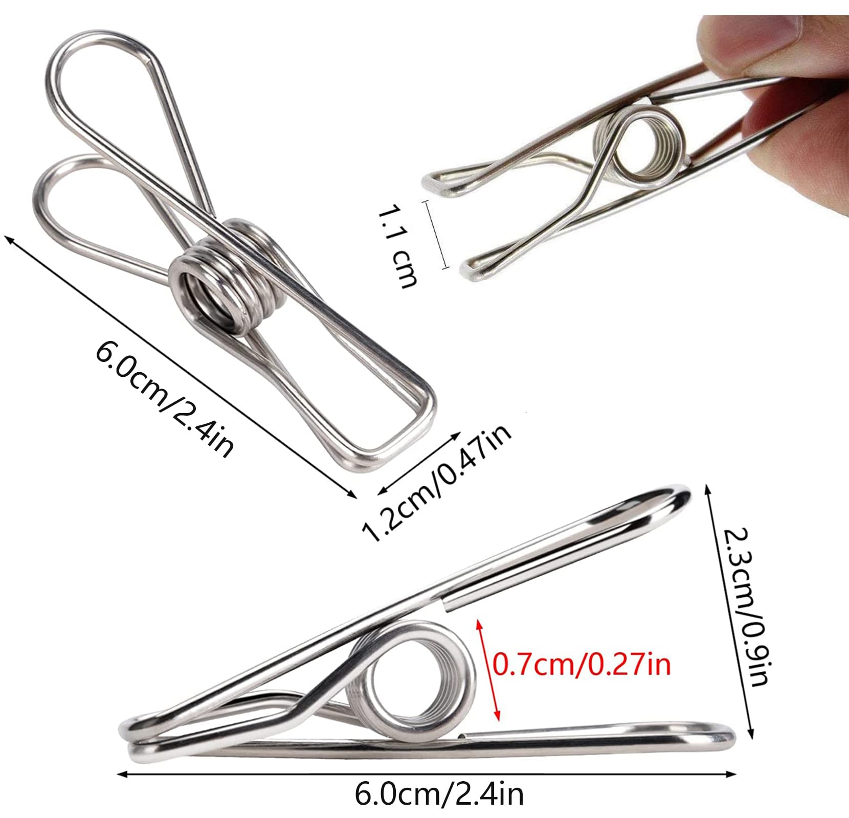 100 Pezzi Mollette in Acciaio Inox Lavanderia Pins Clip Panno stendibiancheria Clip in Metallo Argento Strong Elasticità, per vestiti, lime di carta, chiusura per snack