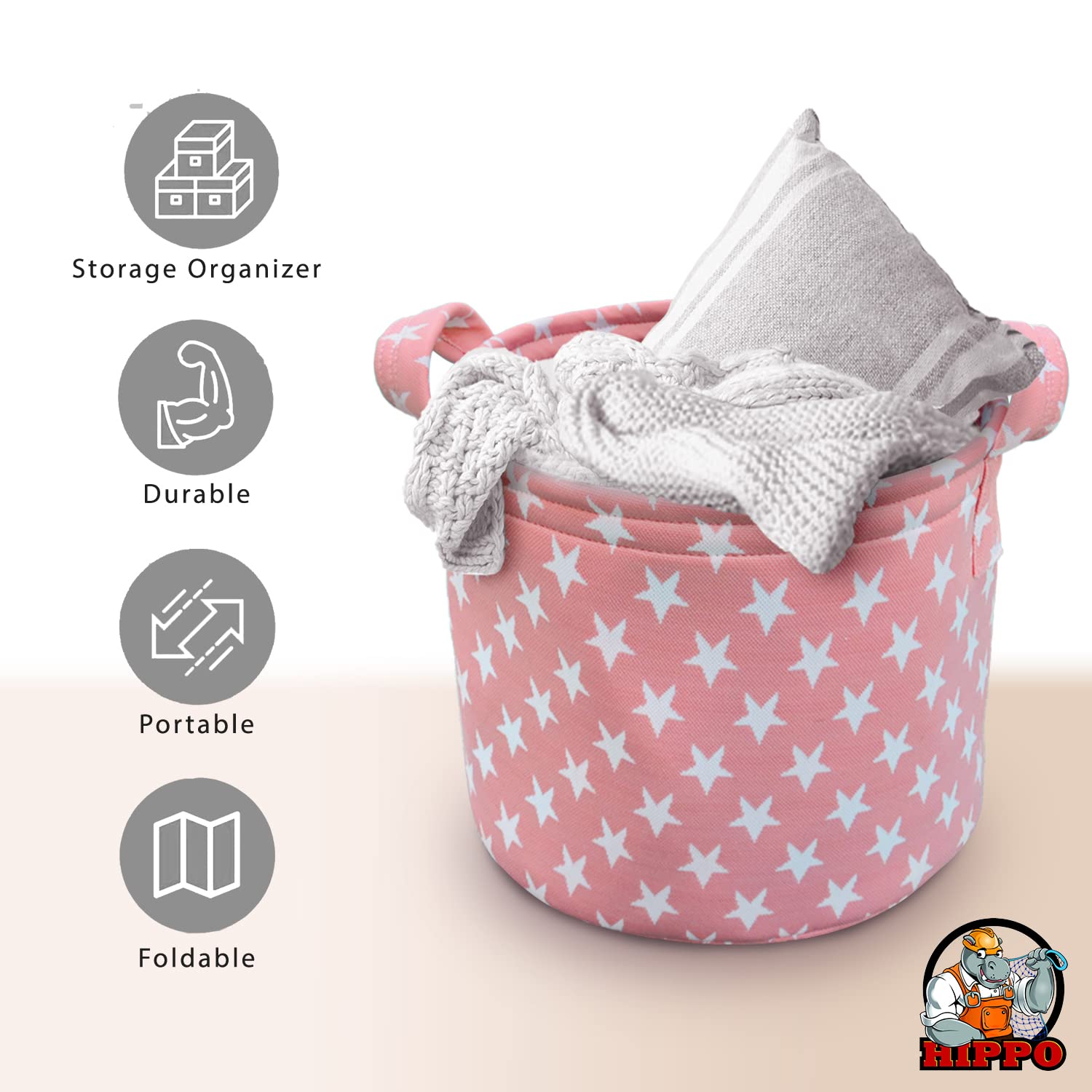 HIPPO Designer Non-woven Polyester Cute Baby Toy Bin for Smart Mothers Unbreakable Toy Storage Basket For Babies Laundry Basket Cloth Storage Bin (Pink-Star, Pack of 1 pc) 1