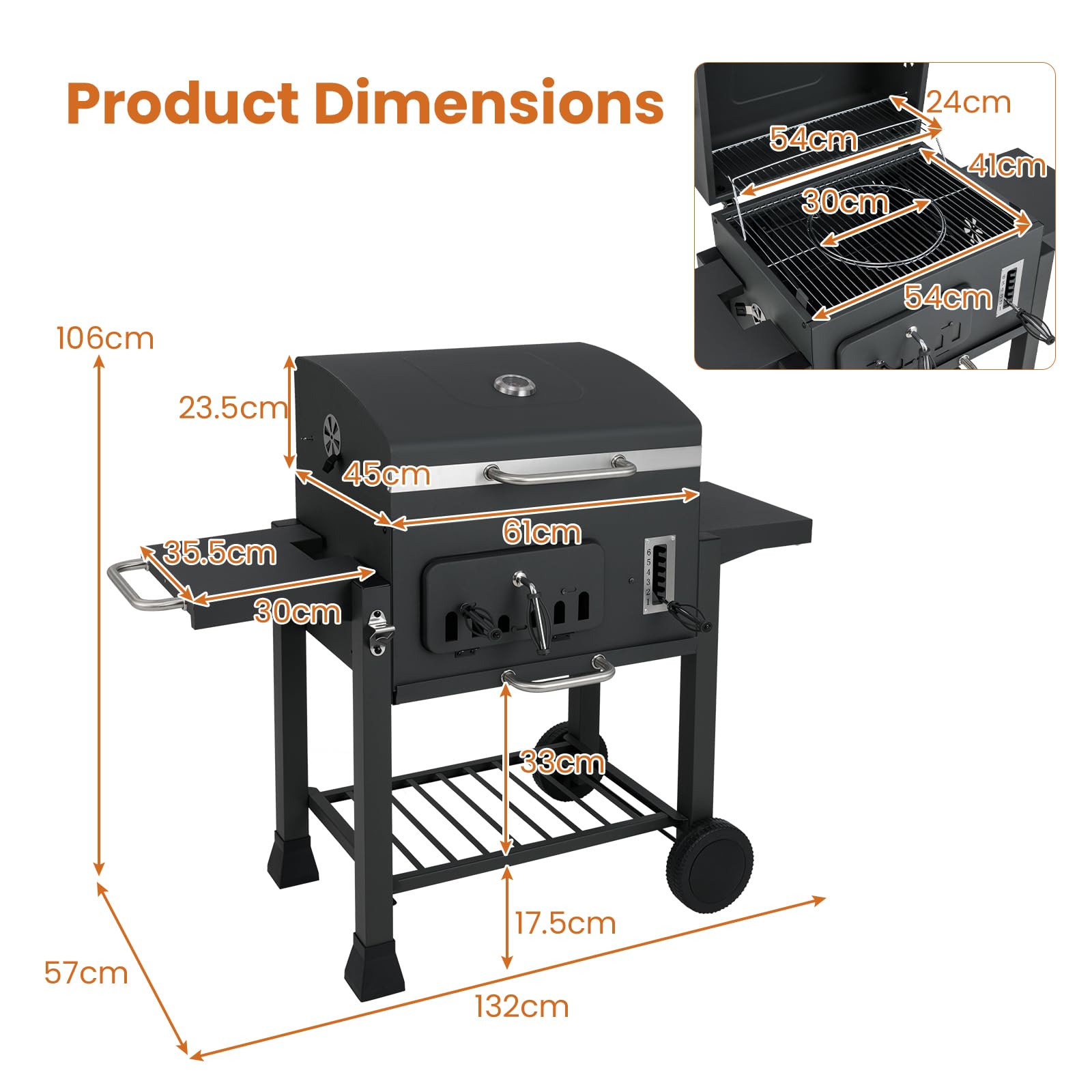 KOMFOTTEU Holzkohlegrill mit 2 klappbaren Seitentischen & Rädern, Grillwagen mit 6-fach-Holzkohlebehälter, Ablagefach, Grillrost, Thermometer, Rauchgrill Standgrill für outdoor