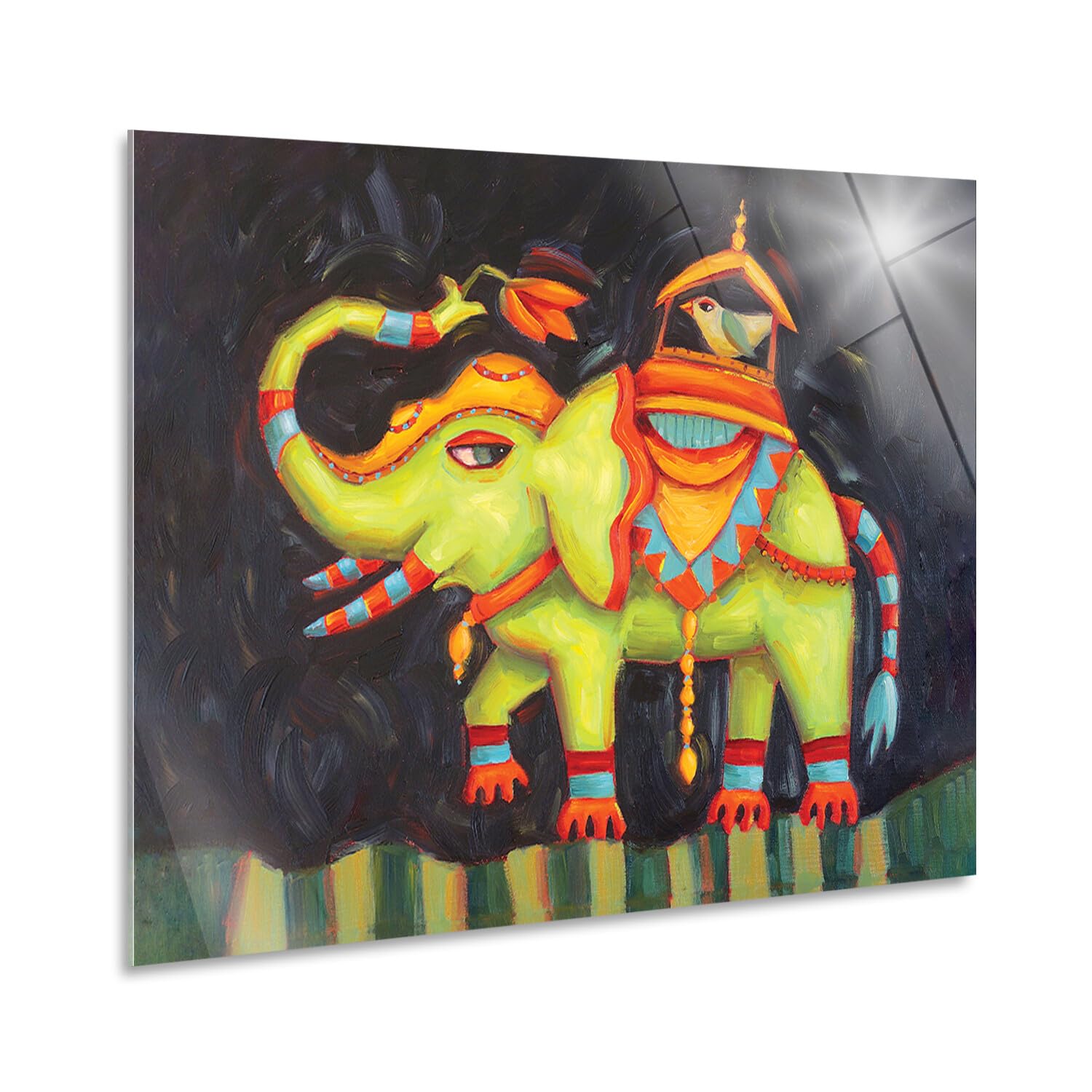 Tableau éléphant et oiseau Cindy Revell Giallobus en verre acrylique 50x35cm pour déco