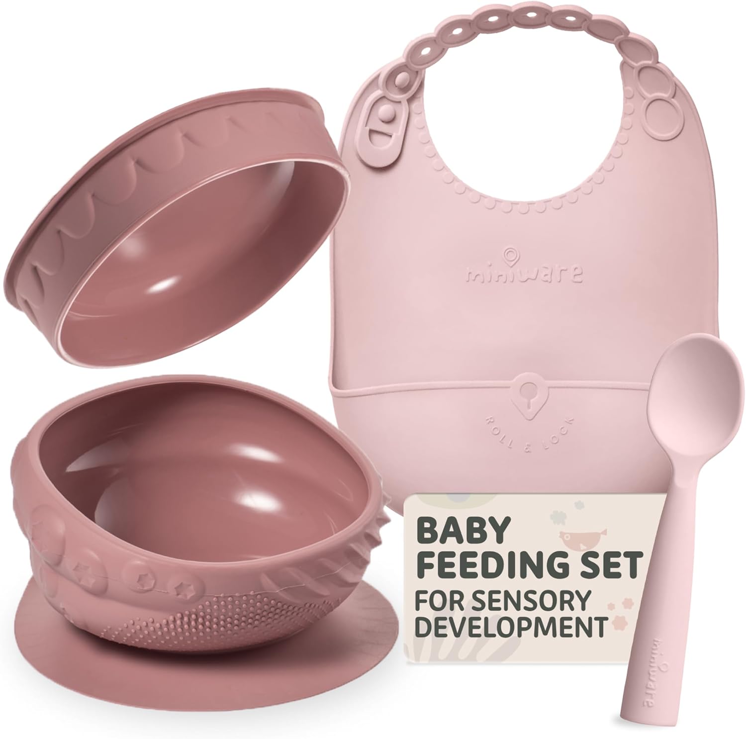 Miniware Sensory Starter Set with Sensory Baby Bowl, Baby Spoon, Roll & Lock Bib - Easy to Clean Baby Feeding Set to Promote Self-Feeding- Toddler Feeding Essentials - Raspberry