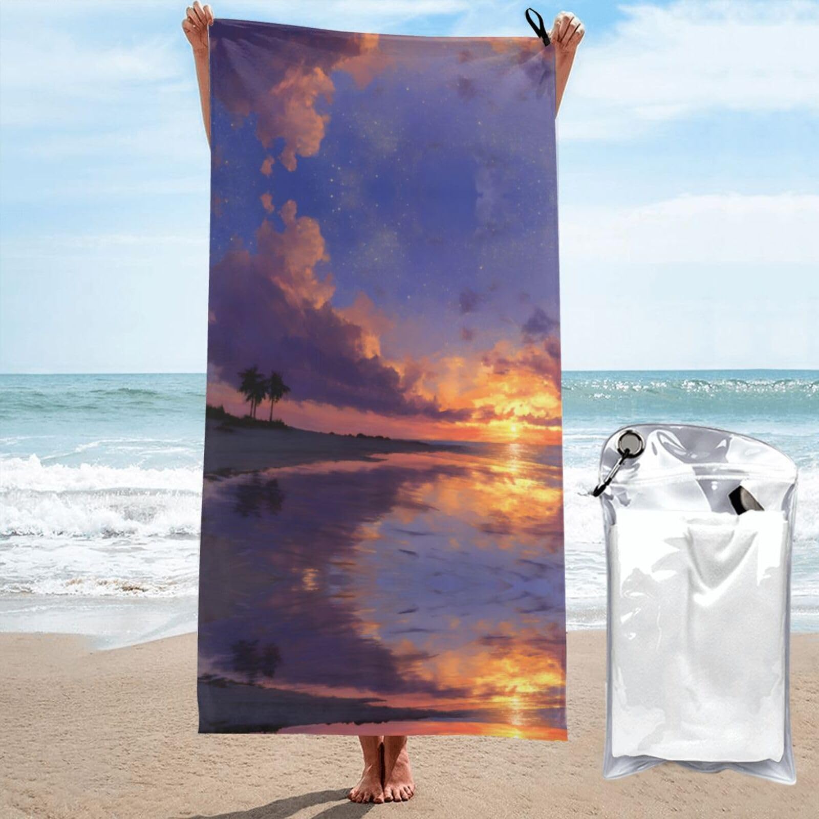 ESNAIUVCD Sunset Beach Print Beach Towel, Microfibre Sauna Towel, Quick-Drying Fitness Towel, Lightweight And Thin Portable Sauna Towel