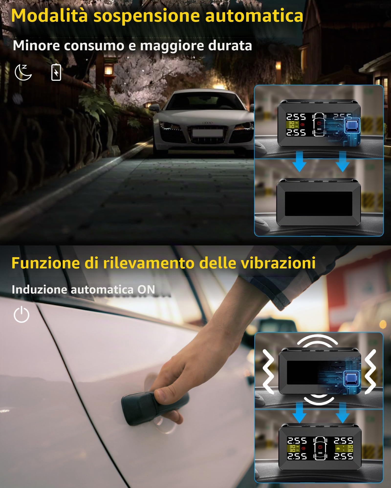 Vtopek TPMS Sistema Pressione Pneumatici con 3,5" Grande Monitor Staccabile | 0,01 Alta Precisione, Monitoraggio in Tempo Reale, Caricatore Solare e USB, 4 Sensori Impermeabile IP67 per Auto SUV 14-87Psi