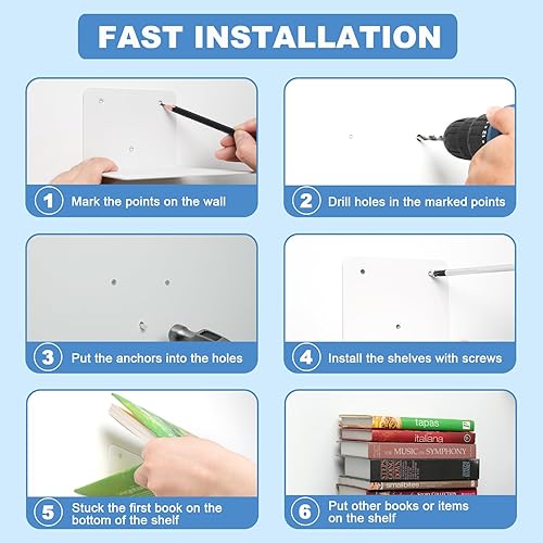 Miniatura 5 de Fentec Estantería flotante invisible, estantes flotantes montados en la pared, organizadores de libros de alta resistencia, estante oculto de metal