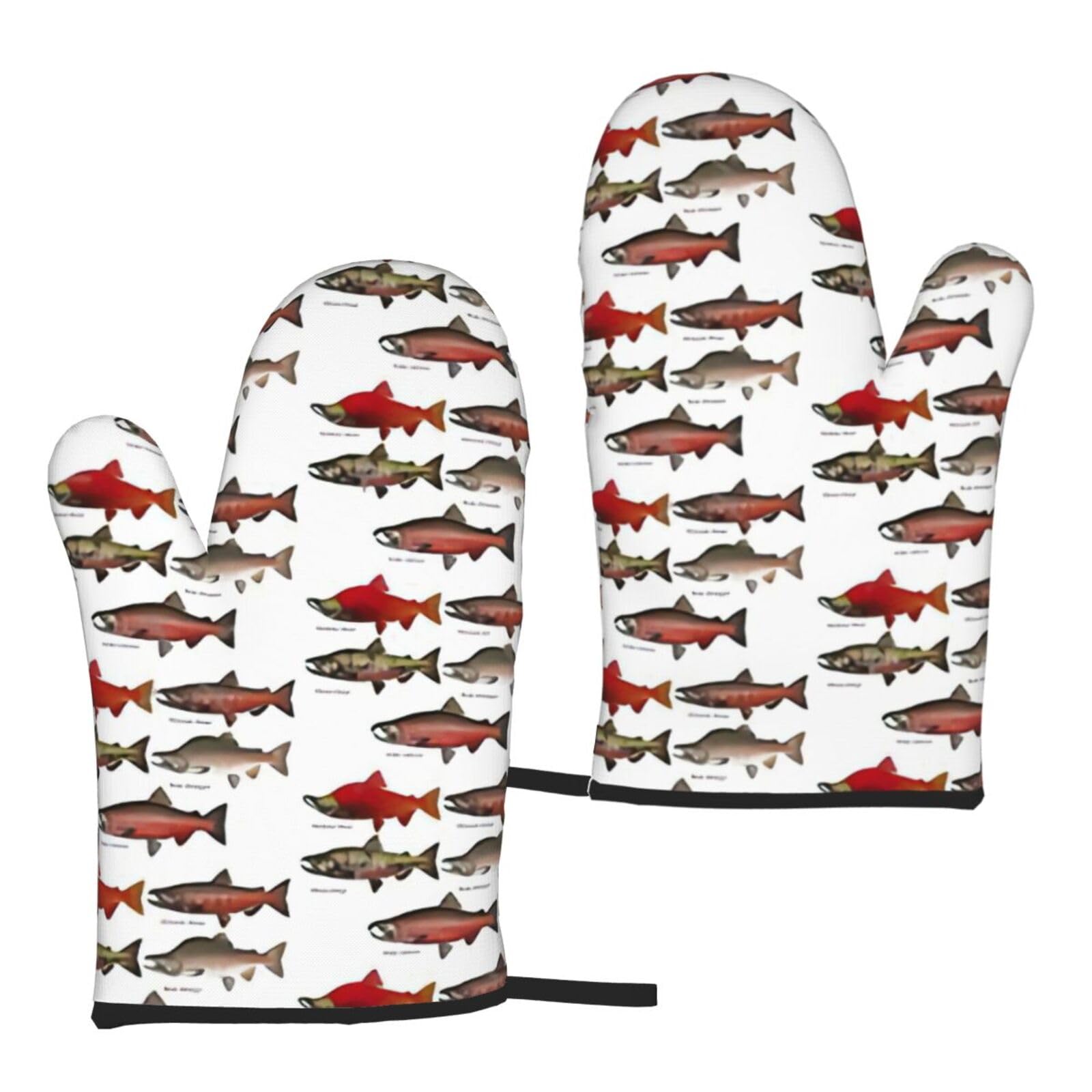 Nimongt Women's Black Salmon Print Adults Universal Fit Heat Resistant Oven Gloves Reusable Cooking Outdoor Grilling