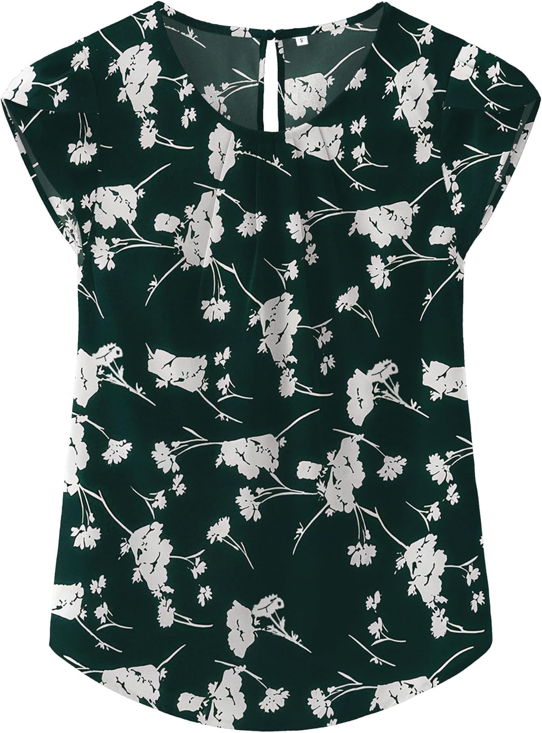 TASAMO Women's Casual Round Neck Basic Pleated Top Cap Sleeve Curved Keyhole Back Chiffon Blouse