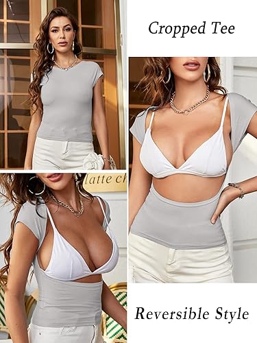 Miniatura 2 de ForeFair - Camiseta corta sexy de manga corta, sin espalda, con cuello redondo, ajustada, informal, para verano, estilo Y2K