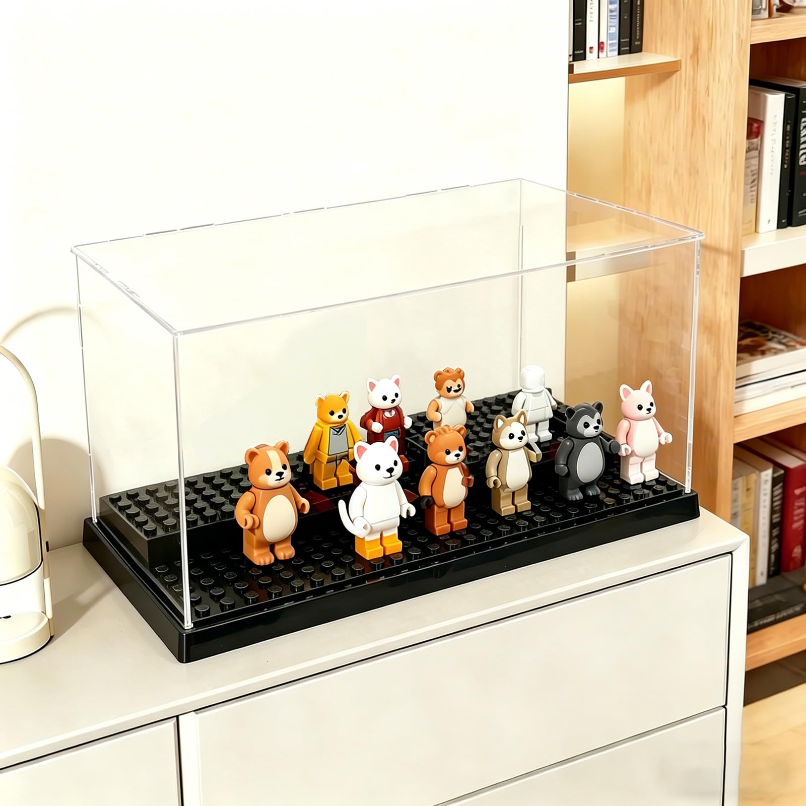 ZhouWei 2 sztuki akrylowych witryn na minifigurki, 25,5×15,5×13,9 cm, mini figurki, witryna, małe bloki, gablotka z płytkami z wypustkami, 3 warstwy, możliwość układania w stos, pyłoszczelna gablota