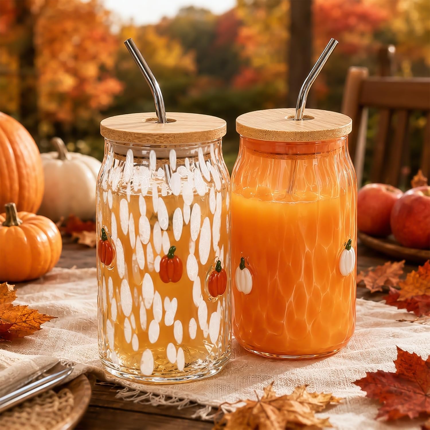 JarThenaAMCS 2Pcs Fall Icon Juice Glass Tumblers with Lids and Straws White Orange Pumpkin Drinking Glasses Reusable Harvest Party Cups for Autumn Thanksgiving Halloween Table Home Bar