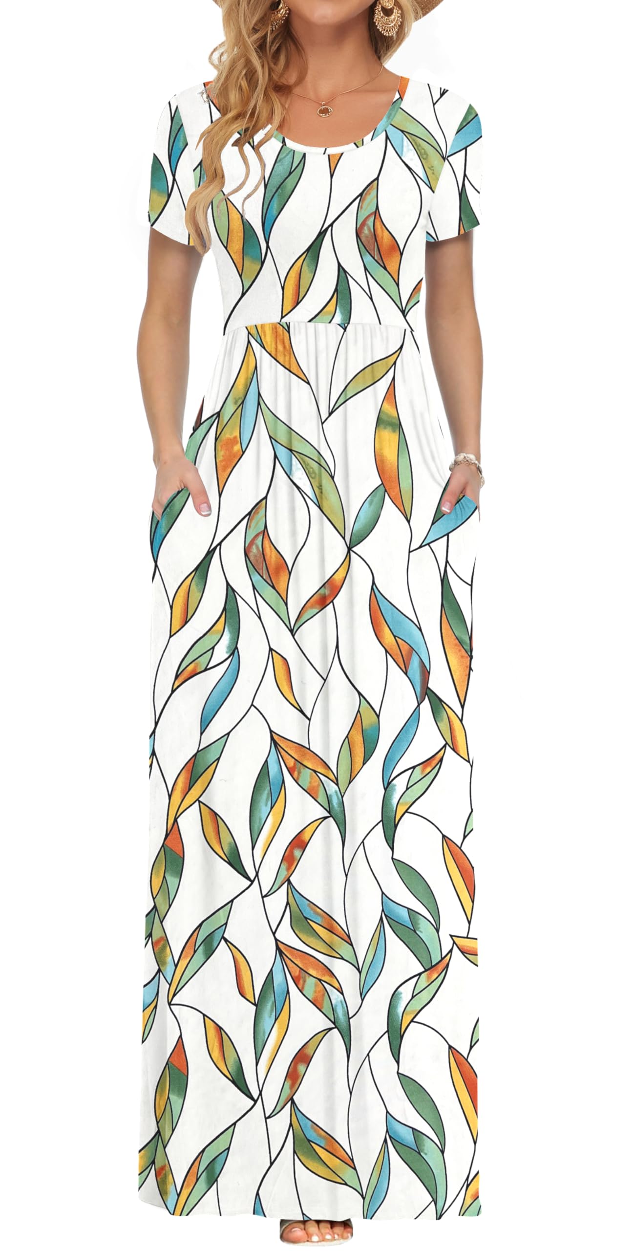 AUSELILY Maxi Dress for Women Summer Casual Long Dresses for Ladies with Pockets Ombre Foliage Print 3XL