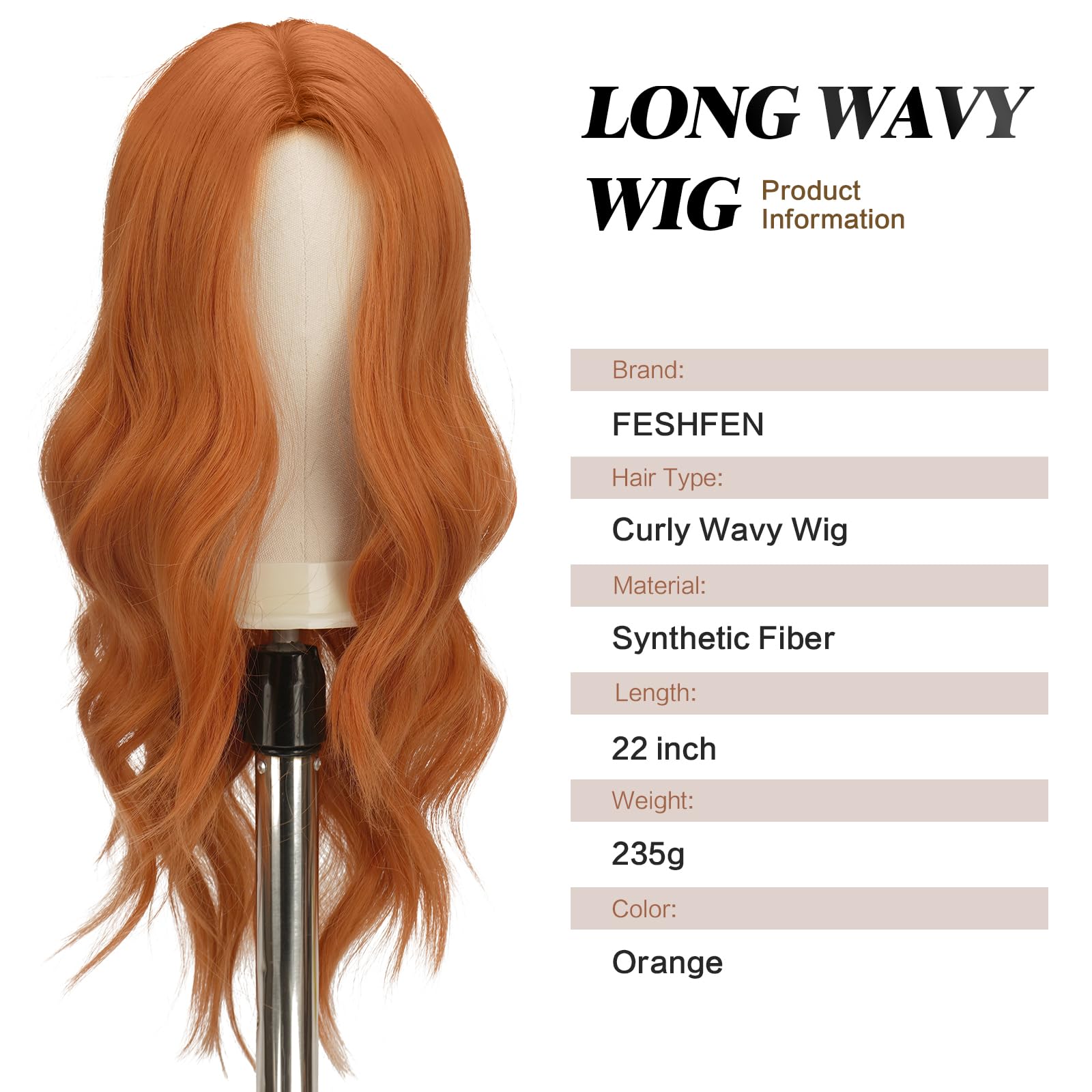 FESHFEN Perruque Cuivre Ondulés Longues, 60 cm Perruques Femmes Cheveux Longs Fêtes Perruque de Séparation Moyenne Naturelle Synthétiques Ondulés Wigs pour Femme