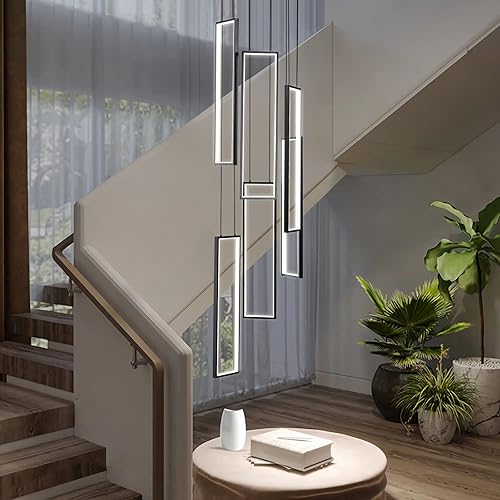 Miniatura 4 de FDPBY Lámpara colgante regulable moderna de isla de cocina, color negro, 114 W, 6 anillos, rectangular, para escalera, gran vestíbulo, sala de