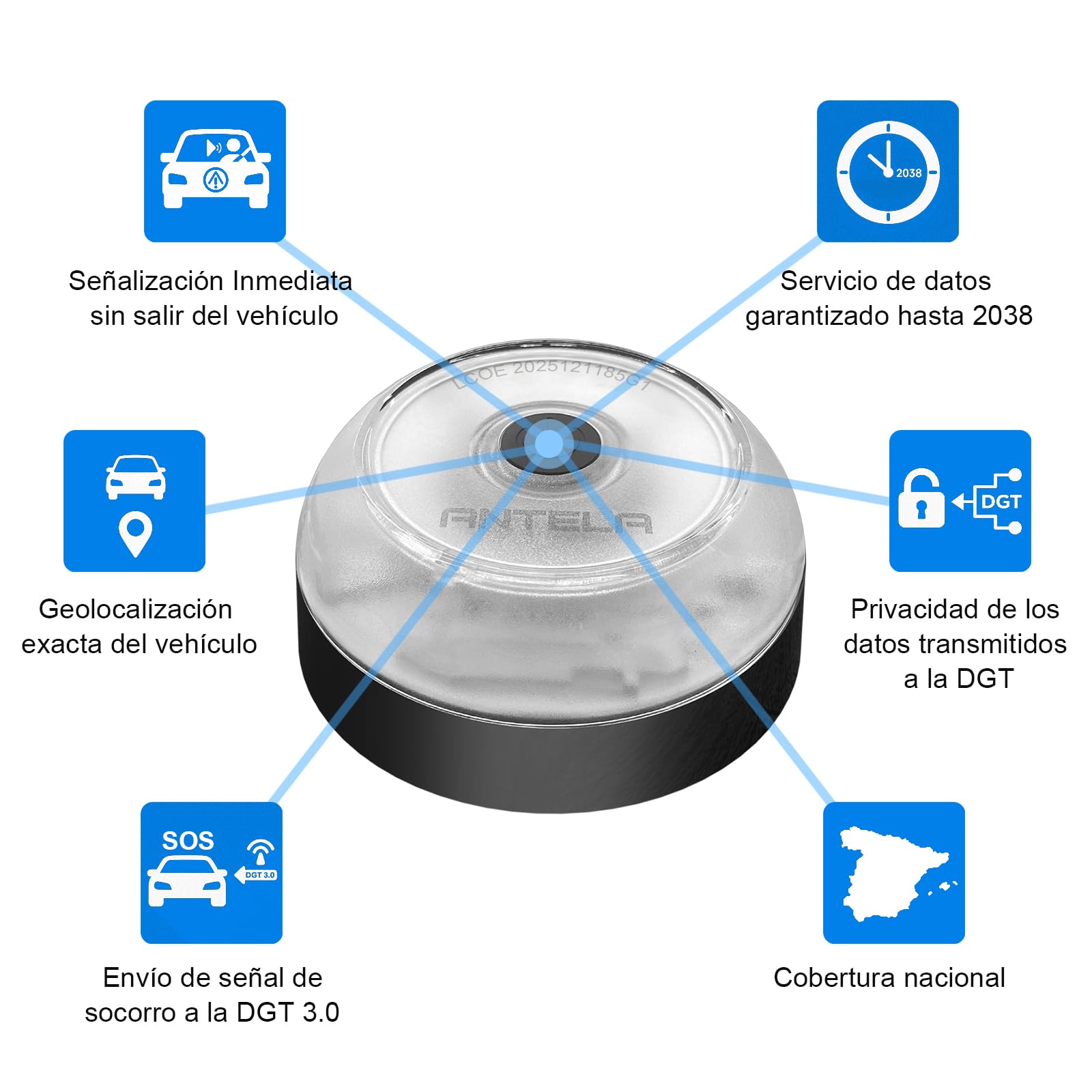 ANTELA Luce V16 Emergenza Auto Omologata DGT,con SIM Gratis fino al 2038, Eolocalizzazione 3.0, Visibilità 1 KM,con Base Imantata,1 Unità