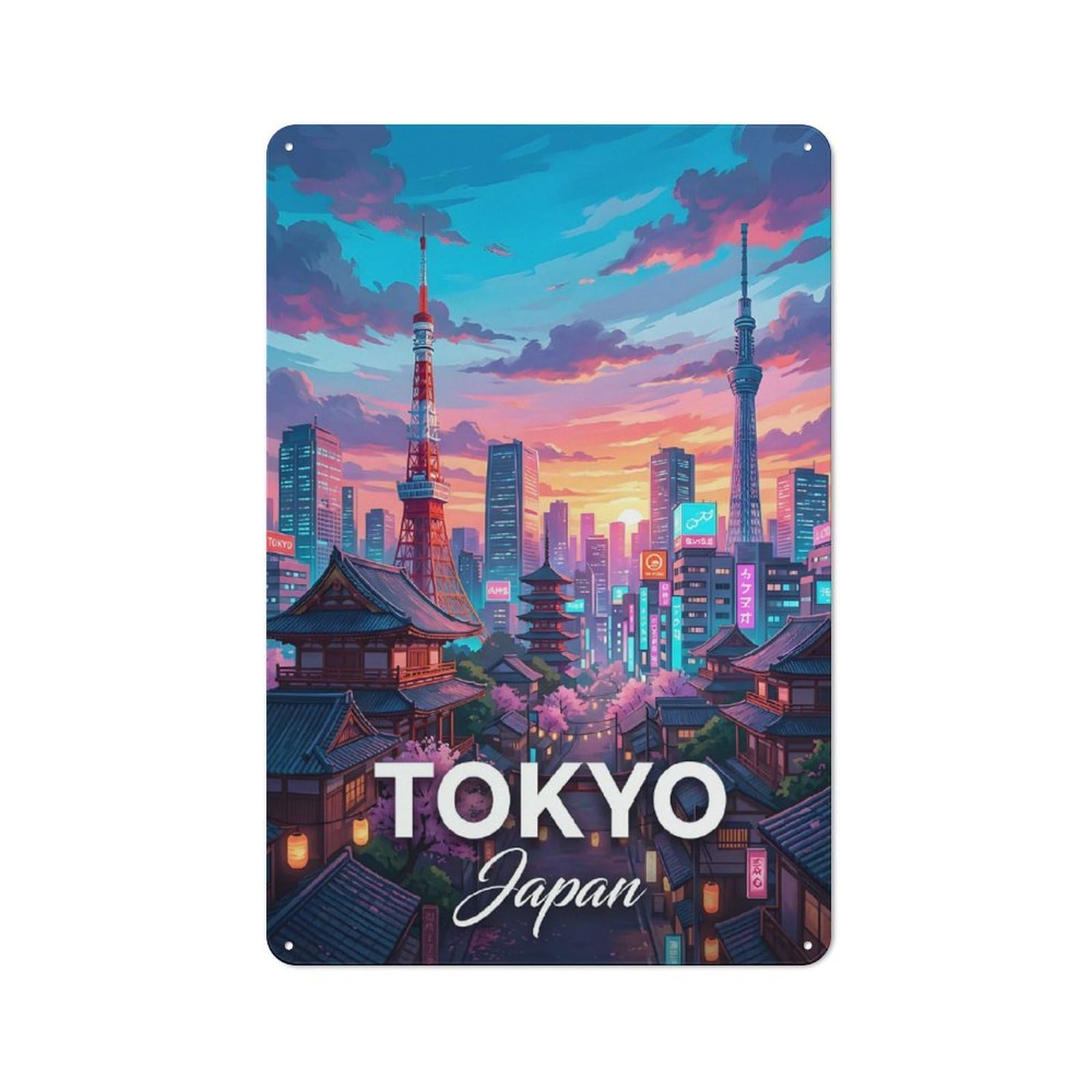 Junmoney Style-8 Tokyo Japan Cityscape At Sunset Rustic Tin Sign 30X20cm For Living Room Wall, Suited To Home Wall Decor Collectors