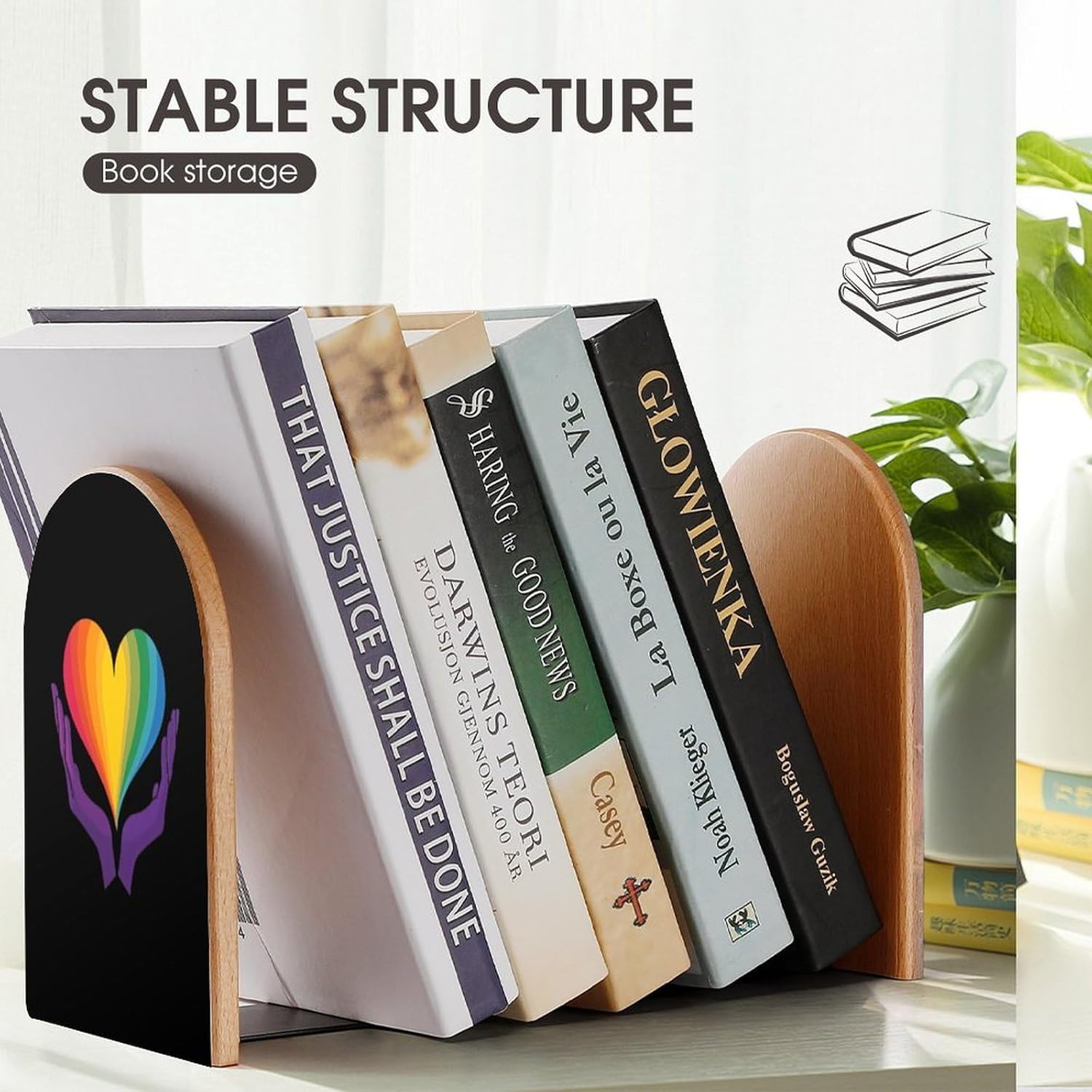 LGBTQ Proud Flag Heart Cute Wood Book Ends Decorative Bookends 1 Pair Non-Skid for Shelves Home Office 7 X 5 Inch