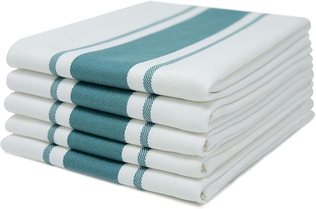 Sticky Toffee 100% Cotton Tea Towel - Pack of 5, Teal Stripe Pattern | Kitchen Hand Cloth Set | Absorbent, Strong, Quick Dry & Machine Washable | Home Decor & Kitchen Accessories