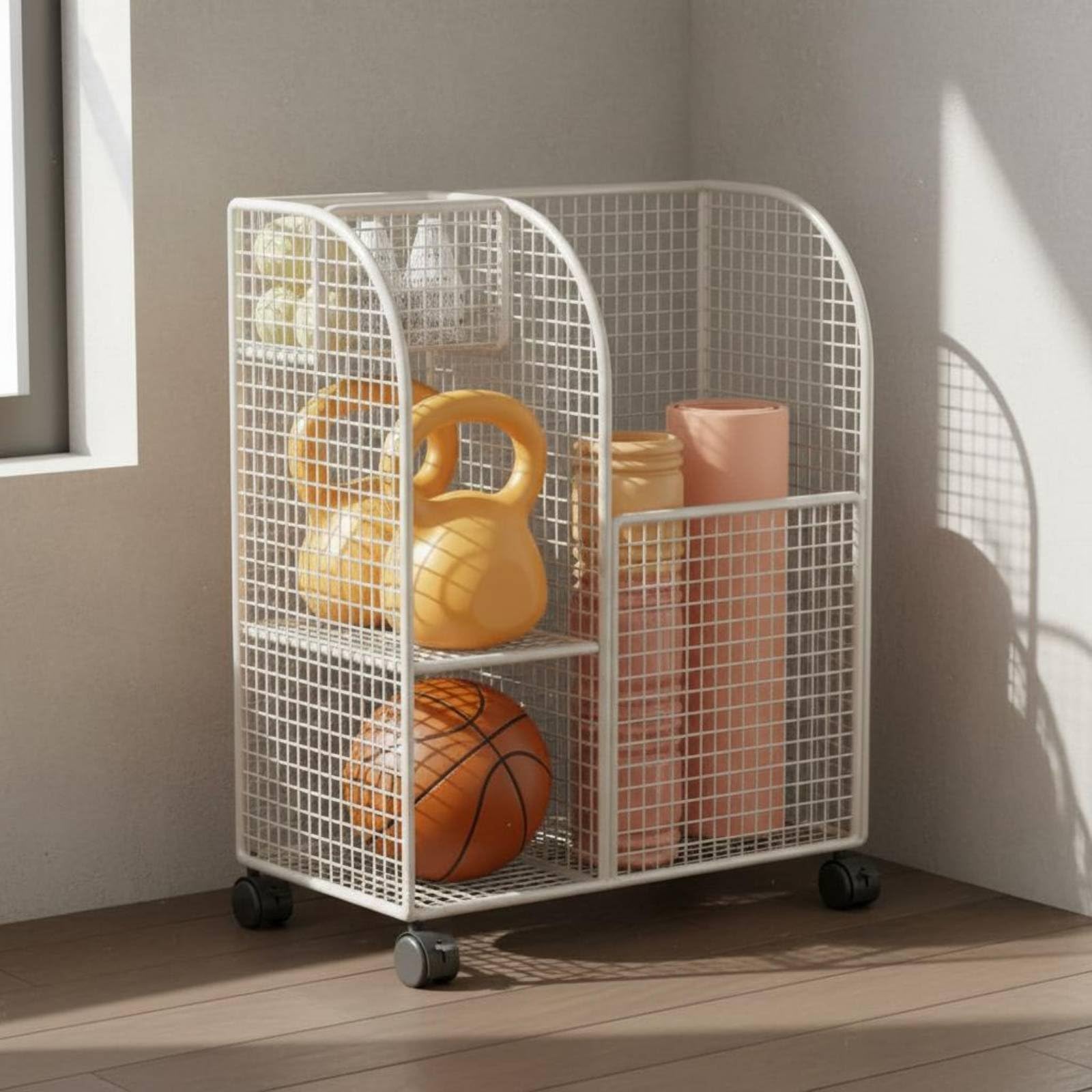 Baoblaze Mobile Basket Carrello Contenitore Palestra Portatappeti Portacorda Struttura in Ferro a Maglia con Ruote Scorrevoli E Scomparti Separati Adatto per Benessere, Oro