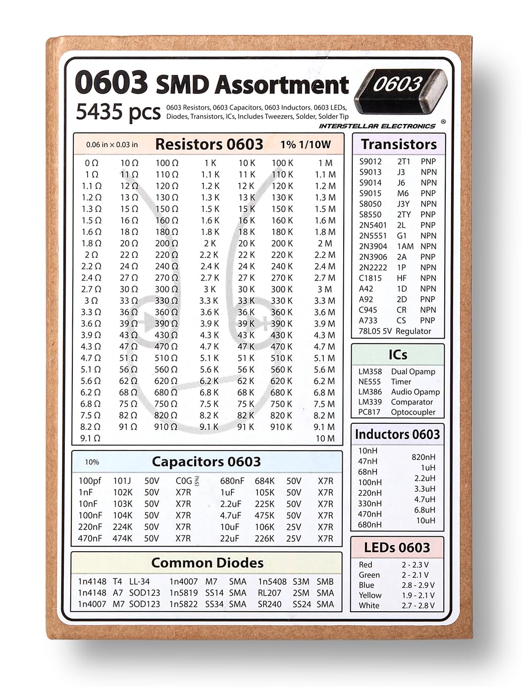 SMD 0603 Resistors, Capacitors, Transistors and Electronic Components Assortment Kit SMT Book - 5435 pcs