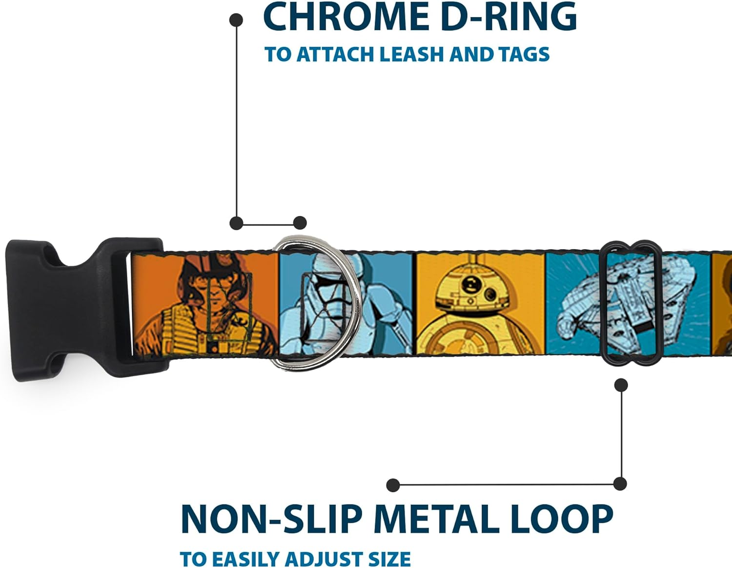 Star Wars Dog Collar with Plastic Buckle, Quick Release, Easy Adjustable, The Force Awakens Character and Icons Multi Color, 13 to 17 Inches 1.5 Inch Wide