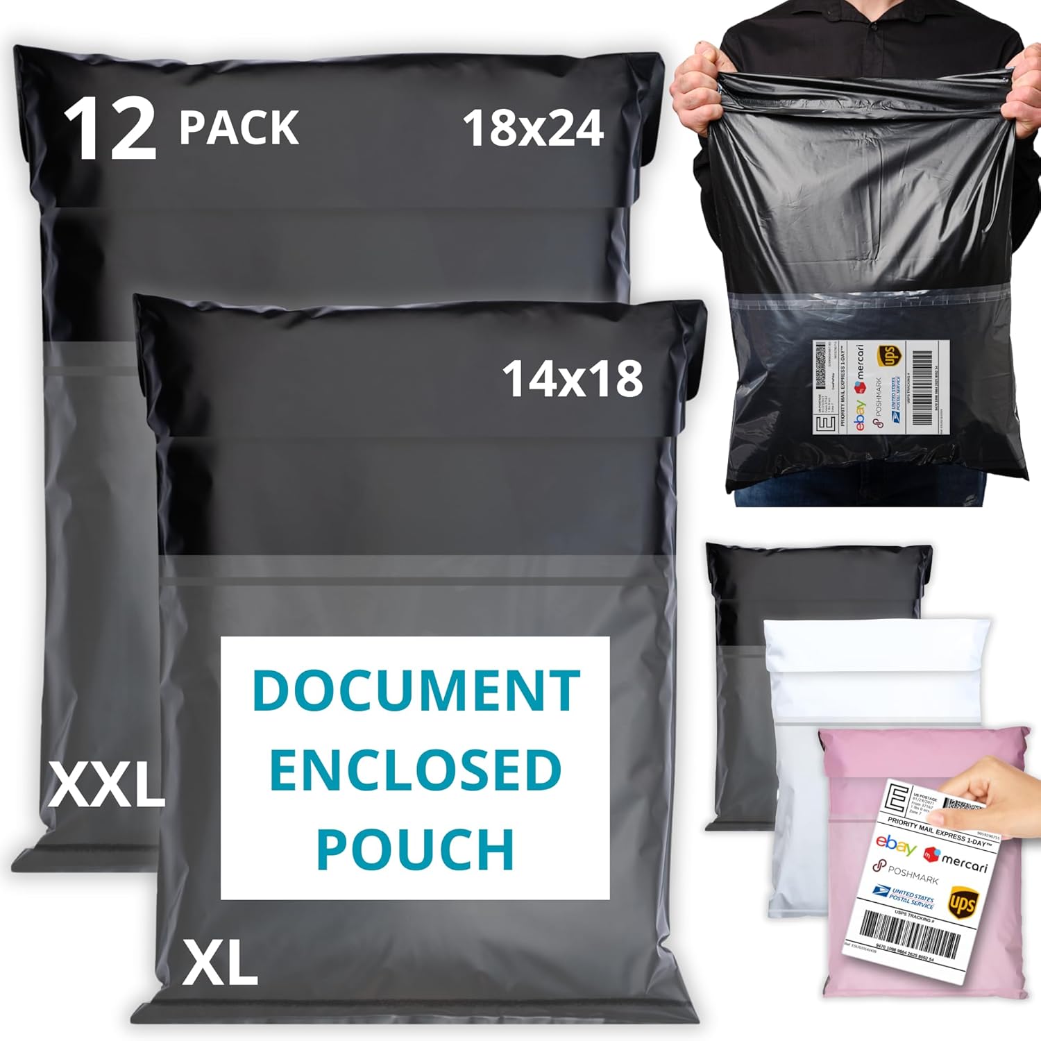 Shipping Bags (12 Pack) with Label Pouch - 14x18 & 18x24 - Poly Mailers for Clothes, Self-Seal Plastic Mailing Envelopes - Tear & Water-Resistant Packaging Bags for Clothing, Not Padded