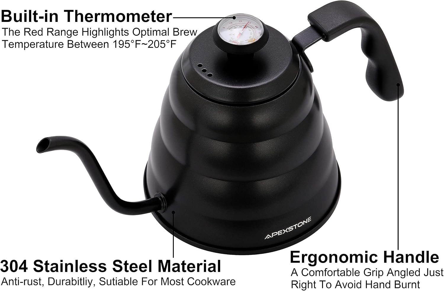 Apexstone Black Coffee Kettle 40 oz/1200 ml, Pour Over Coffee Kettle with Built-in Thermometer, Pour Over Coffee Kettle with Thermometer, Gooseneck Kettle Black