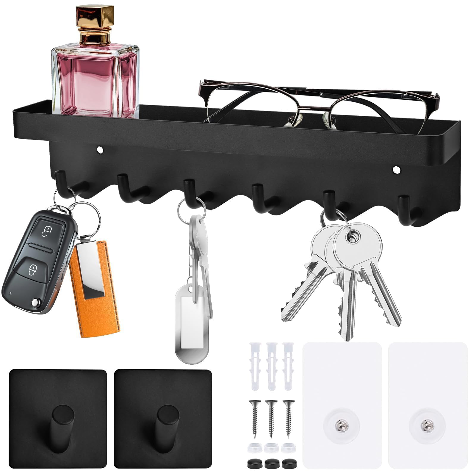 KOWVOWZ Stainless Steel Wall Key Rack with 8 Hooks + 2 Extra Self Adhesive Hooks, Rustproof Key Holder for Entryway, Hallway, Kitchen, Bedroom (Black)